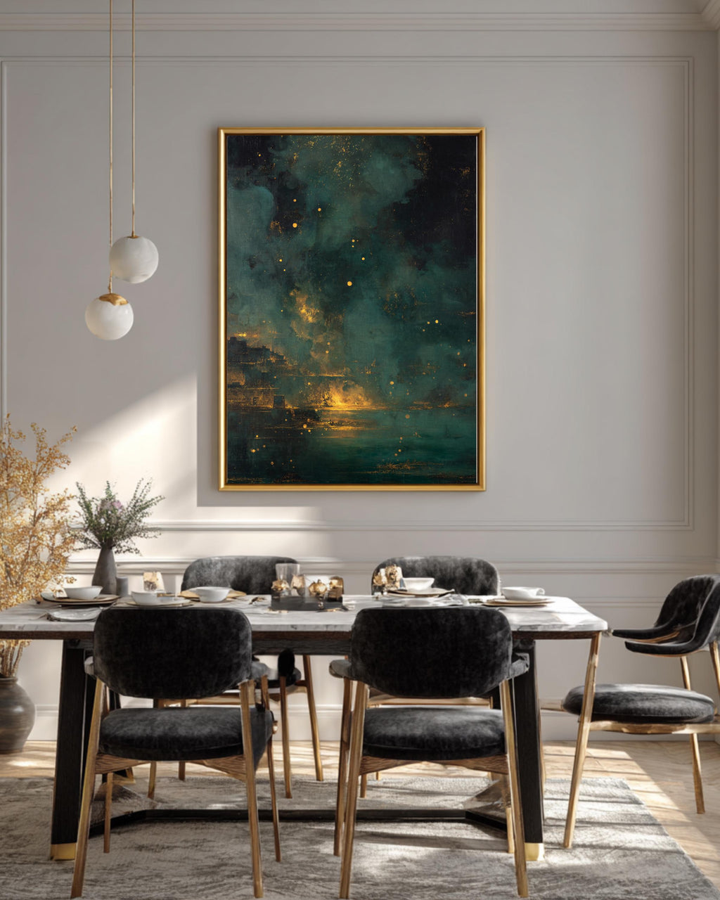 Dark Nightmarish Abstract Landscape Painting with Floating Particles and Glowing Embers, Golden Ratio Composition, Dramatic Surreal Wall Art
