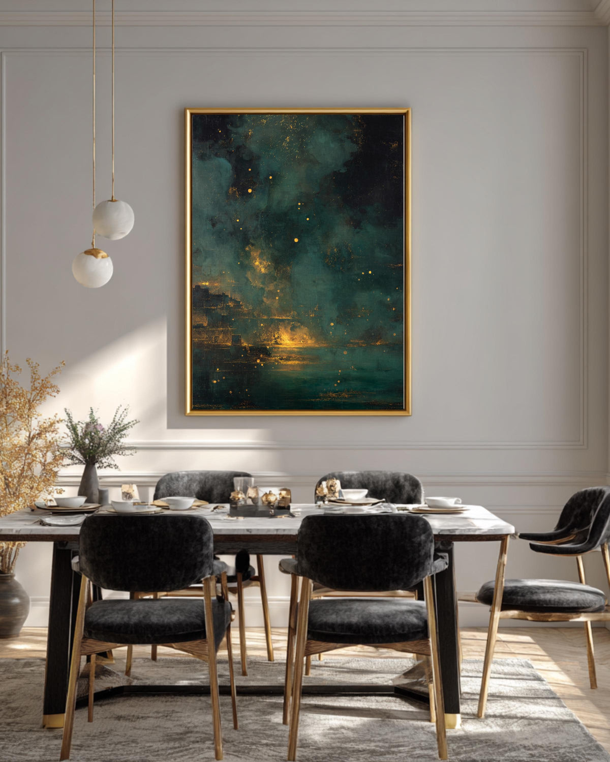 Dark Nightmarish Abstract Landscape Painting with Floating Particles and Glowing Embers, Golden Ratio Composition, Dramatic Surreal Wall Art