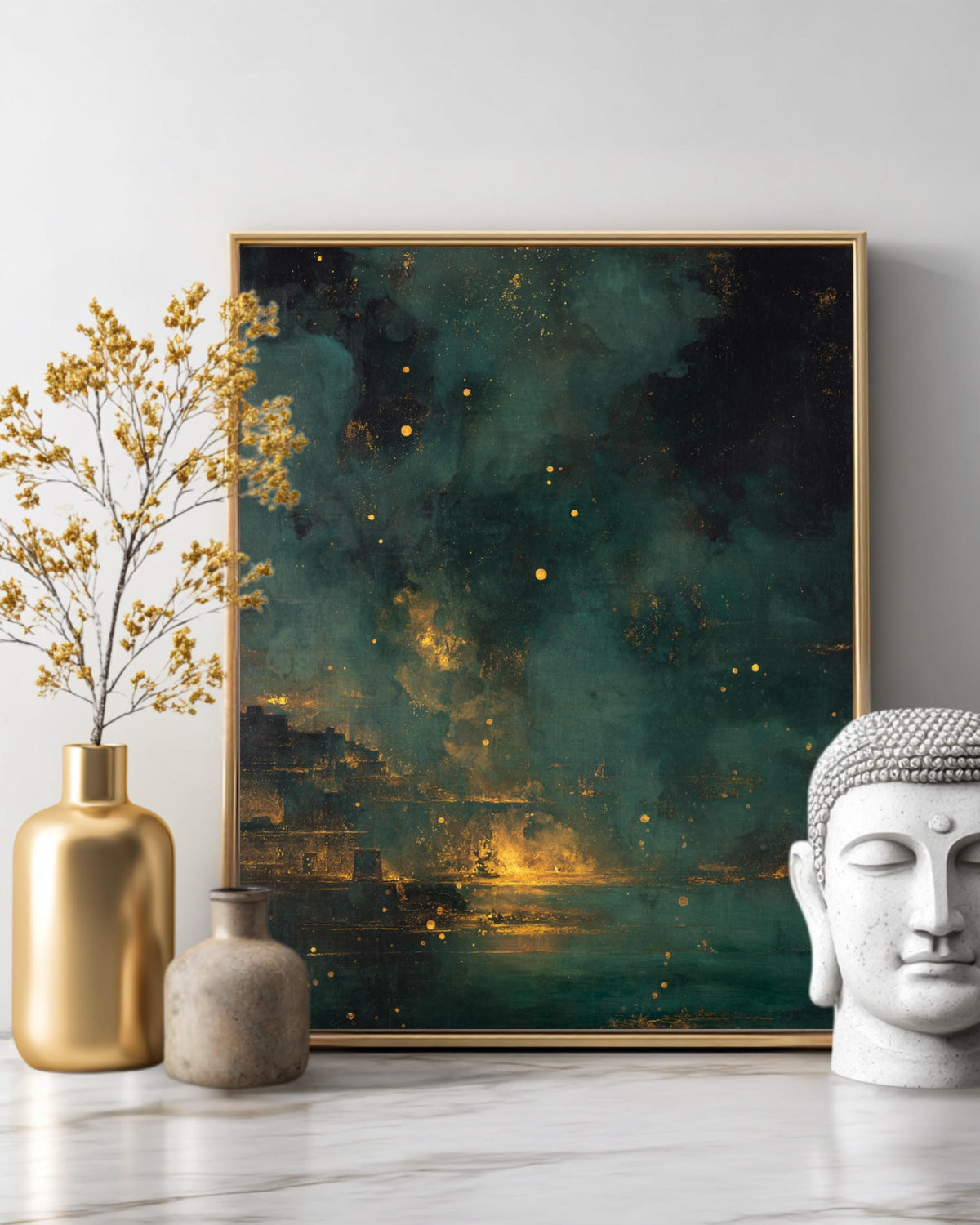 Dark Nightmarish Abstract Landscape Painting with Floating Particles and Glowing Embers, Golden Ratio Composition, Dramatic Surreal Wall Art