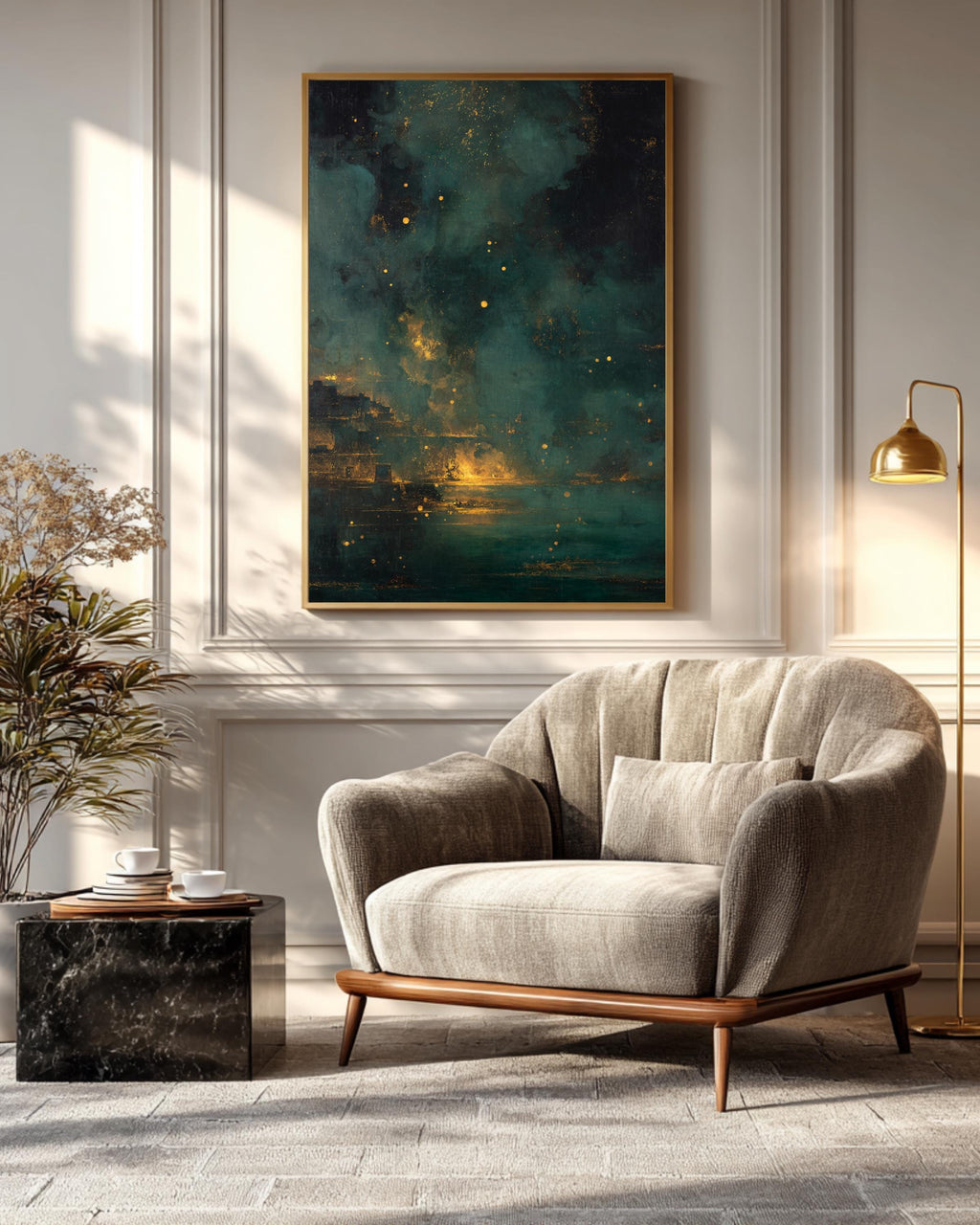 Dark Nightmarish Abstract Landscape Painting with Floating Particles and Glowing Embers, Golden Ratio Composition, Dramatic Surreal Wall Art