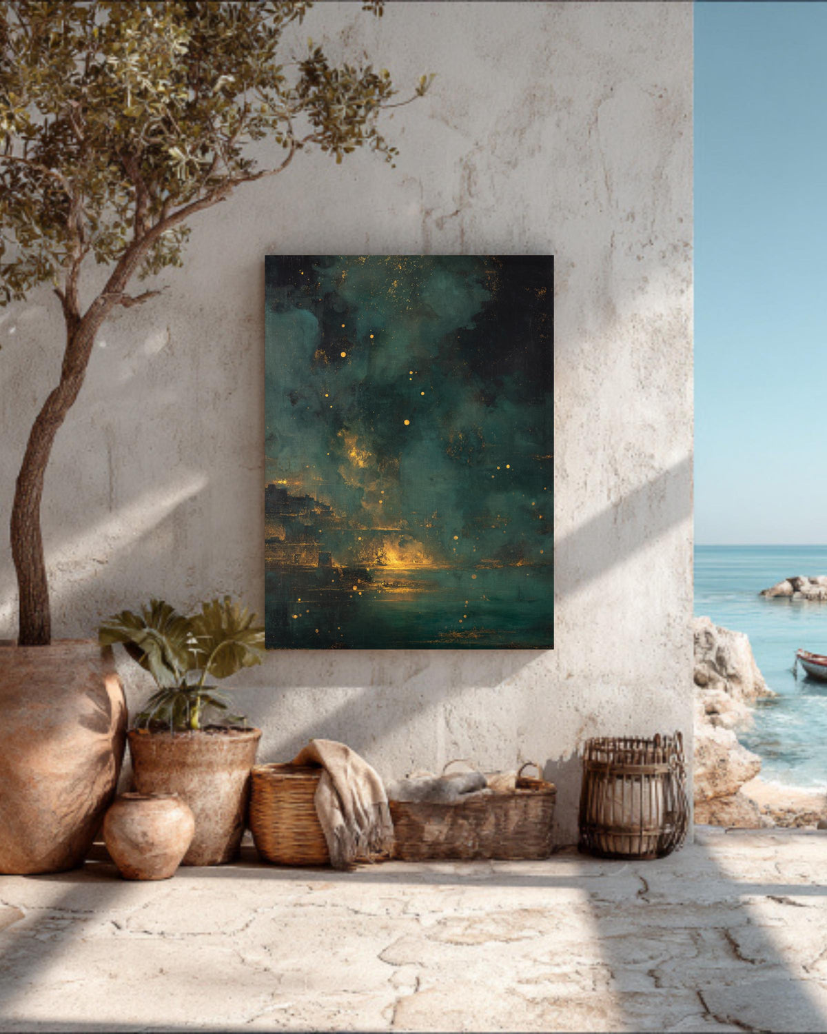 Dark Nightmarish Abstract Landscape Painting with Floating Particles and Glowing Embers, Golden Ratio Composition, Dramatic Surreal Wall Art
