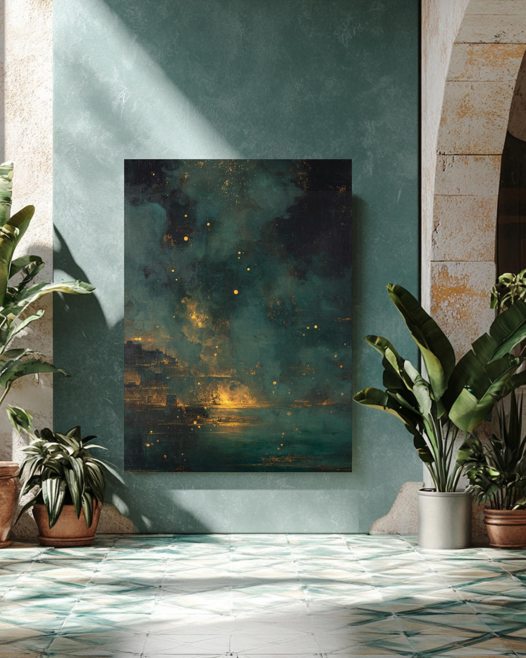 Dark Nightmarish Abstract Landscape Painting with Floating Particles and Glowing Embers, Golden Ratio Composition, Dramatic Surreal Wall Art