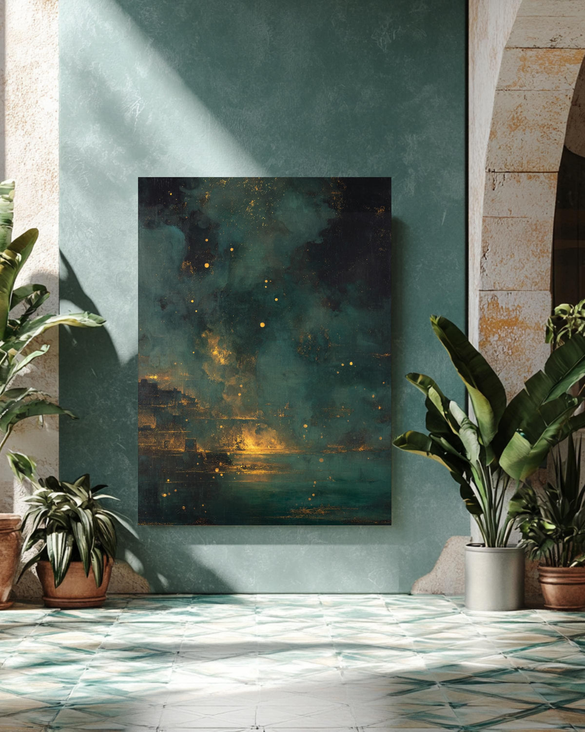 Dark Nightmarish Abstract Landscape Painting with Floating Particles and Glowing Embers, Golden Ratio Composition, Dramatic Surreal Wall Art