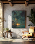 Dark Nightmarish Abstract Landscape Painting with Floating Particles and Glowing Embers, Golden Ratio Composition, Dramatic Surreal Wall Art