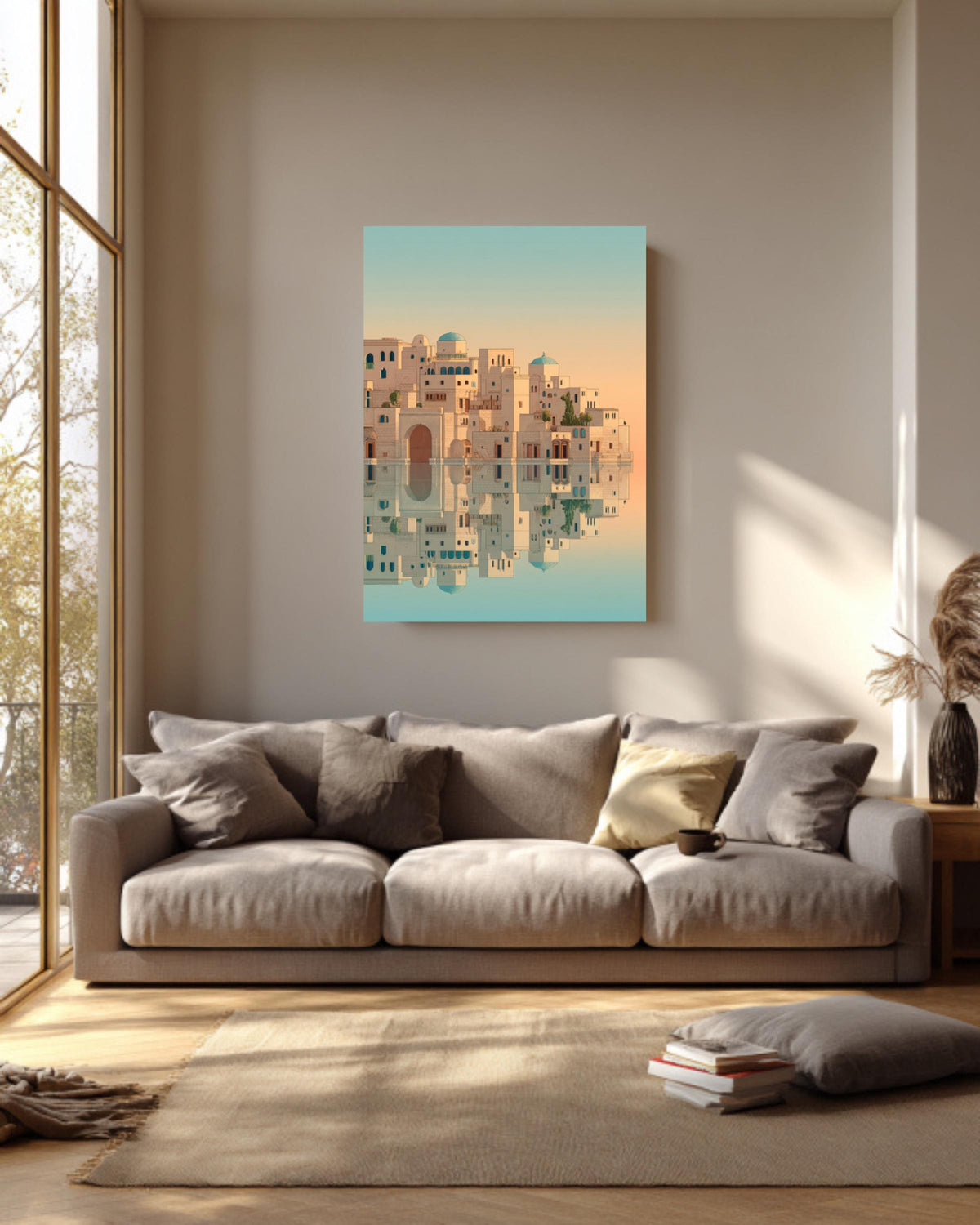 Minimalist Island Print Moroccan Arabic Buildings Moebius Style Wall Art Home Decor