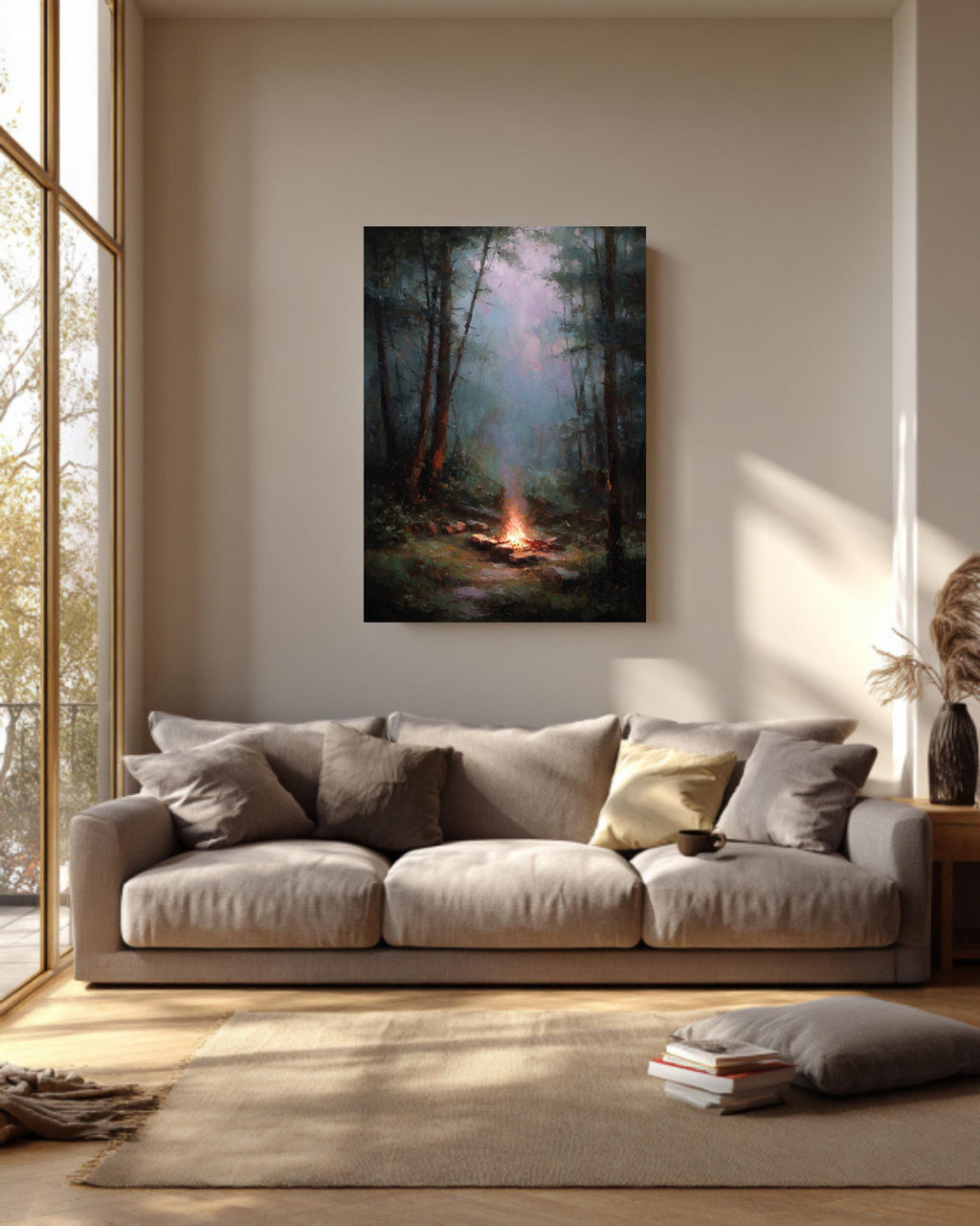 Muted Campfire Painting Rainy Woods Wall Art Oil Style Nature Decor