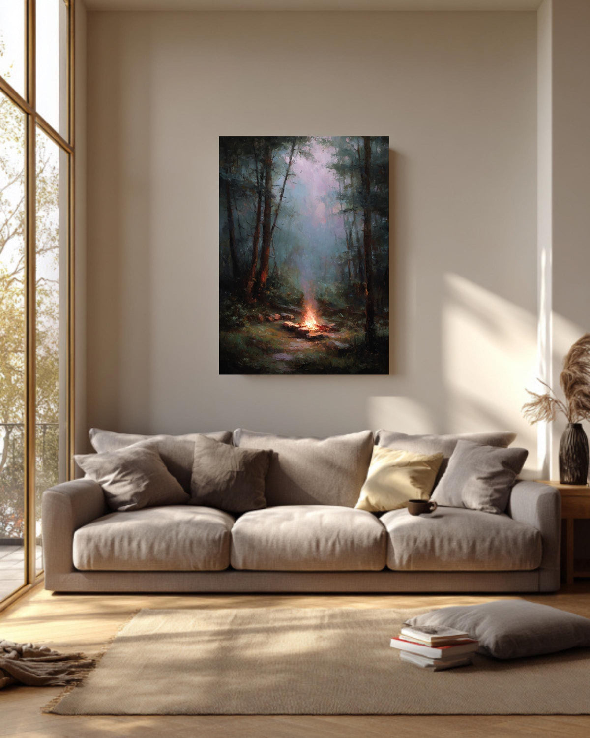Muted Campfire Painting Rainy Woods Wall Art Oil Style Nature Decor