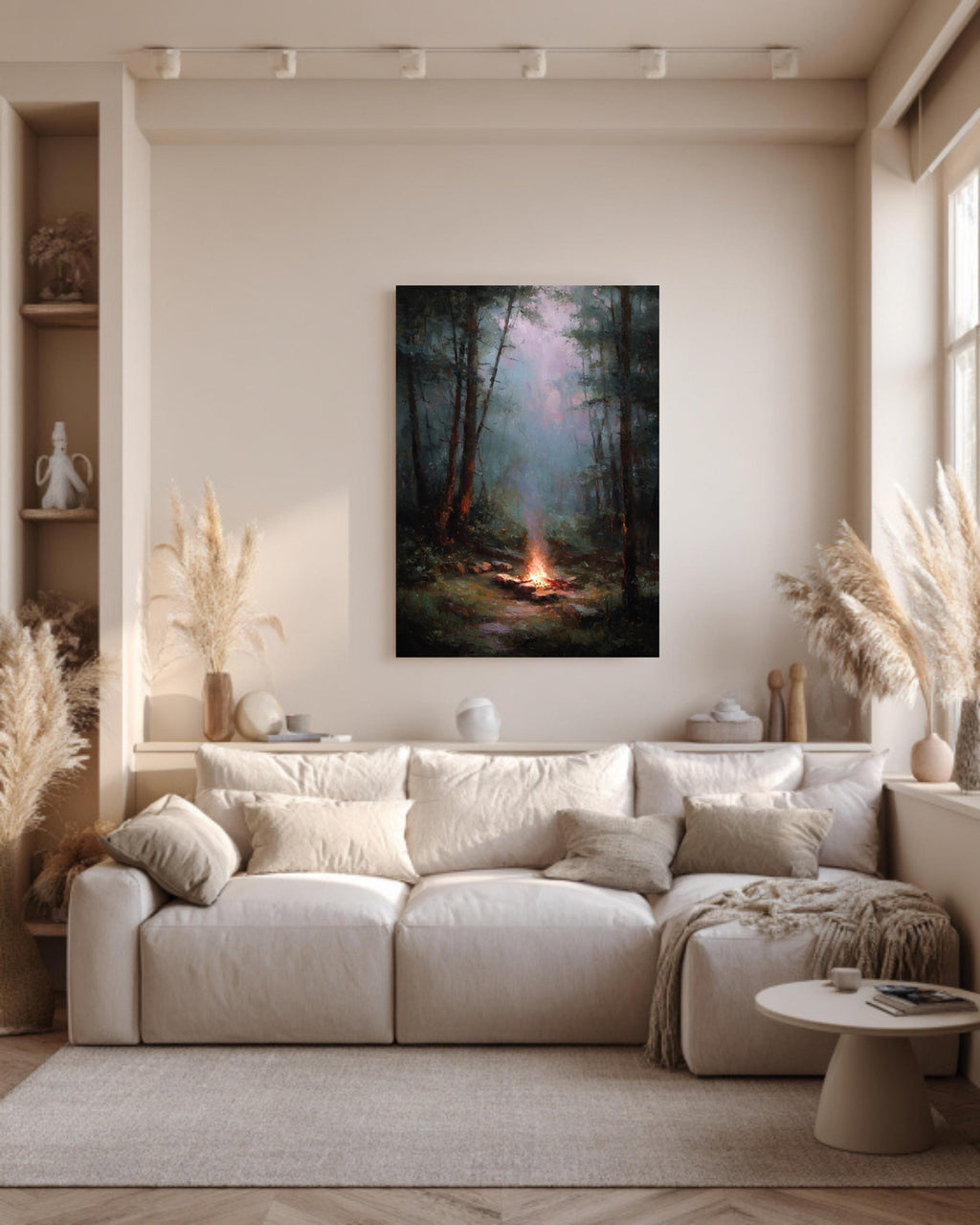 Muted Campfire Painting Rainy Woods Wall Art Oil Style Nature Decor
