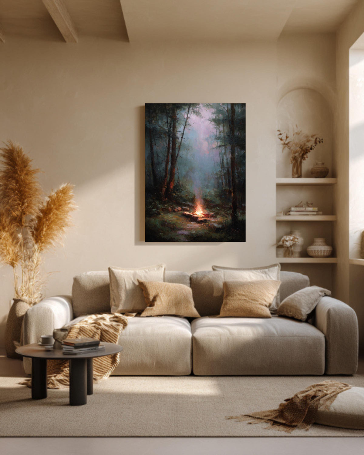 Muted Campfire Painting Rainy Woods Wall Art Oil Style Nature Decor