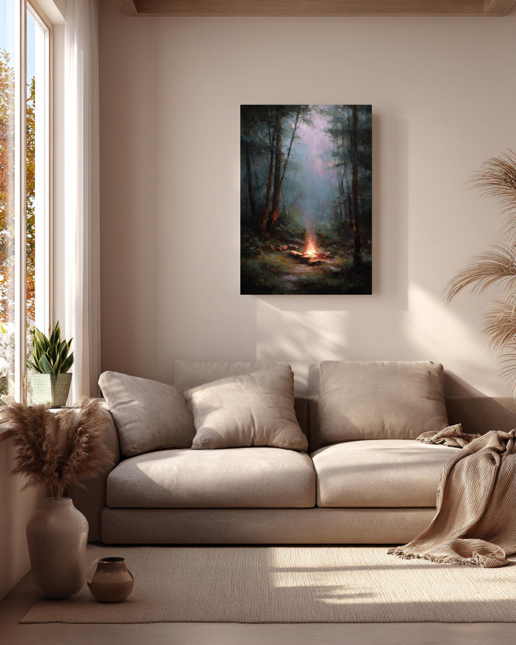 Muted Campfire Painting Rainy Woods Wall Art Oil Style Nature Decor