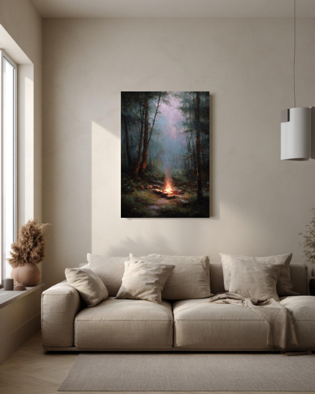 Muted Campfire Painting Rainy Woods Wall Art Oil Style Nature Decor
