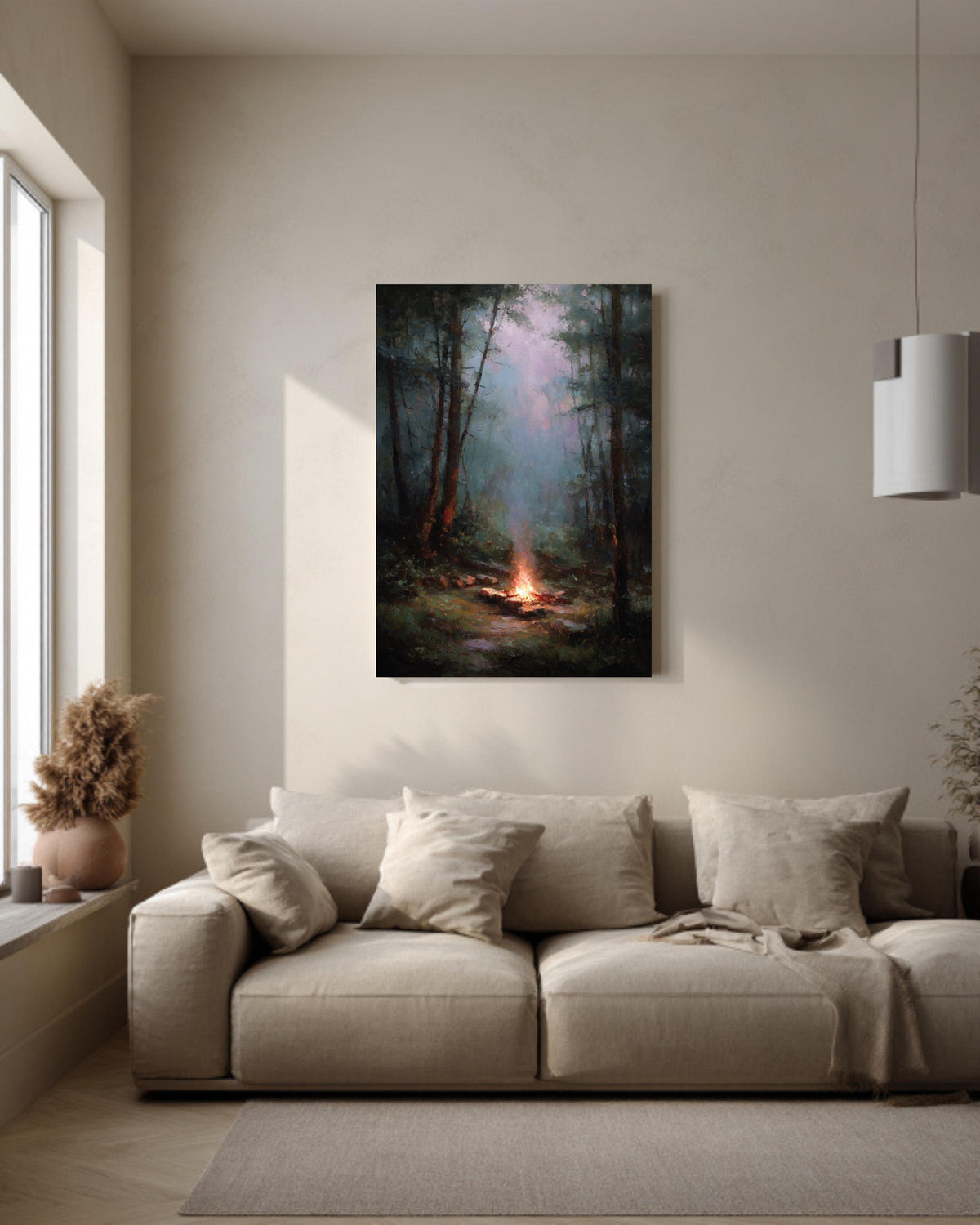 Muted Campfire Painting Rainy Woods Wall Art Oil Style Nature Decor