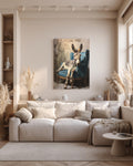 Rustic Donkey on Armchair, Oil Painting in Beige & Blue, Vintage Paris Style Wall Art, Framed Poster or Roll Print