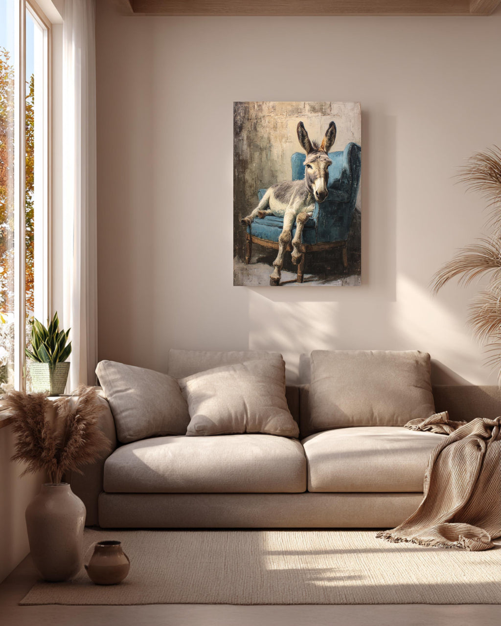 Rustic Donkey on Armchair, Oil Painting in Beige & Blue, Vintage Paris Style Wall Art, Framed Poster or Roll Print