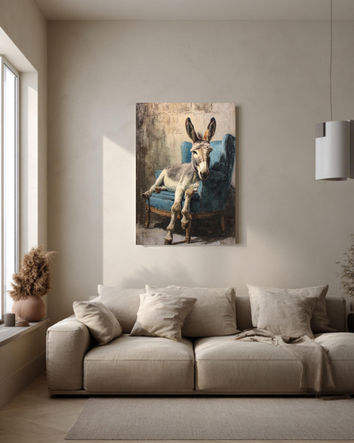 Rustic Donkey on Armchair, Oil Painting in Beige & Blue, Vintage Paris Style Wall Art, Framed Poster or Roll Print