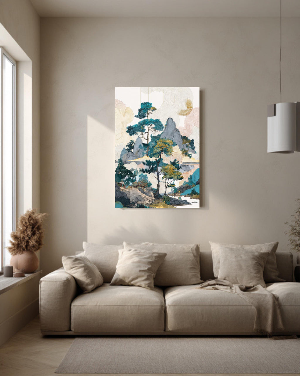 Colorful Chinese Landscape with Pine Trees & Rocks, Ink Wash Art, Fantasy-Inspired Wall Art, Framed Poster or Roll Print