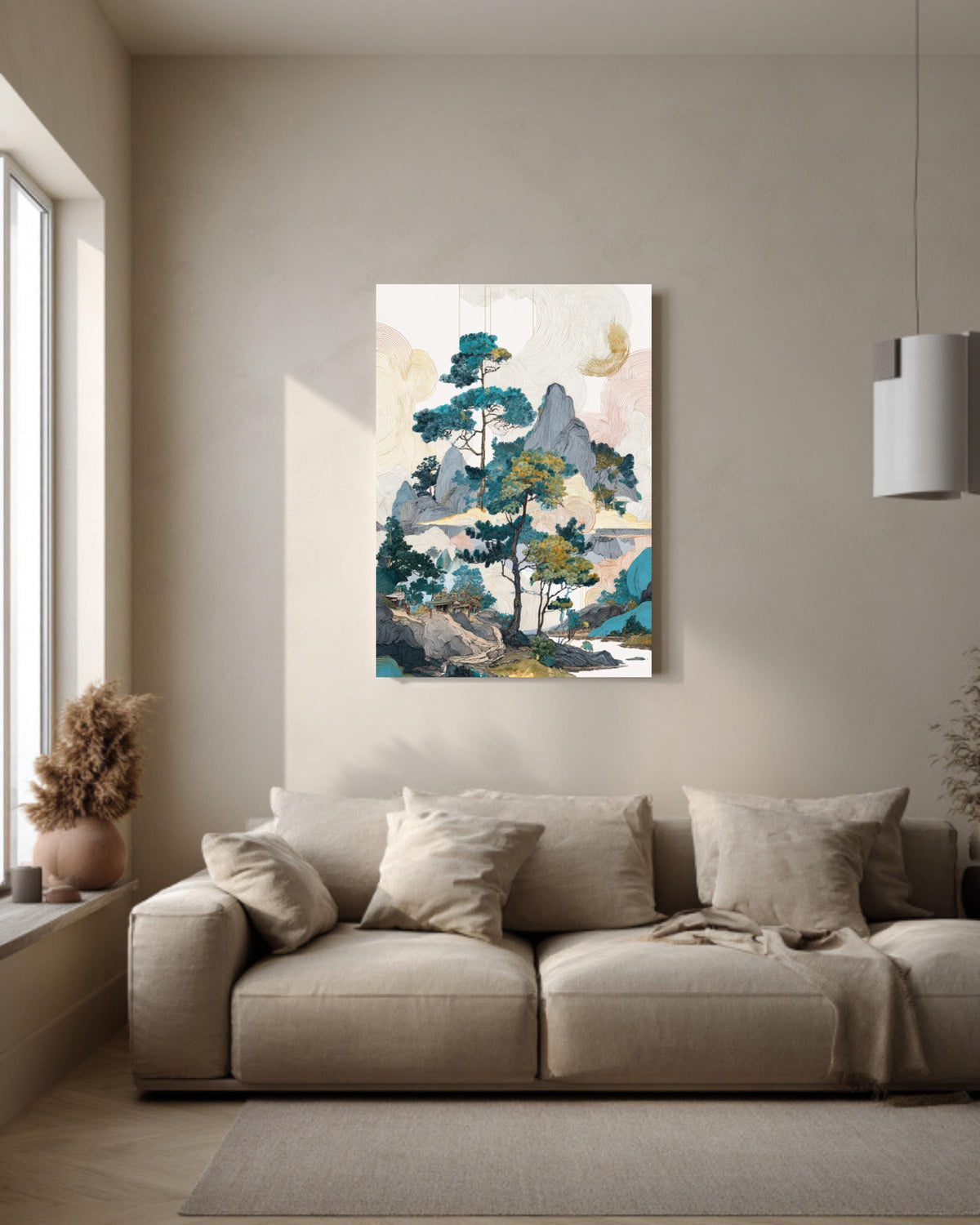 Colorful Chinese Landscape with Pine Trees & Rocks, Ink Wash Art, Fantasy-Inspired Wall Art, Framed Poster or Roll Print