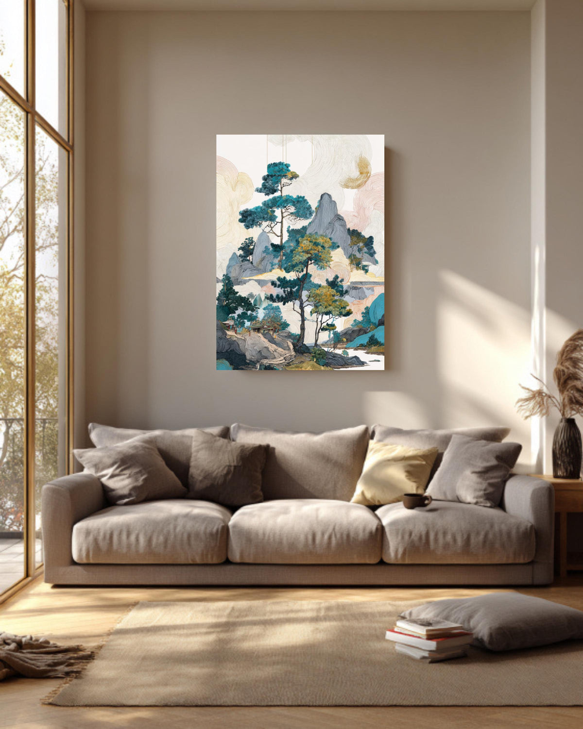 Colorful Chinese Landscape with Pine Trees & Rocks, Ink Wash Art, Fantasy-Inspired Wall Art, Framed Poster or Roll Print