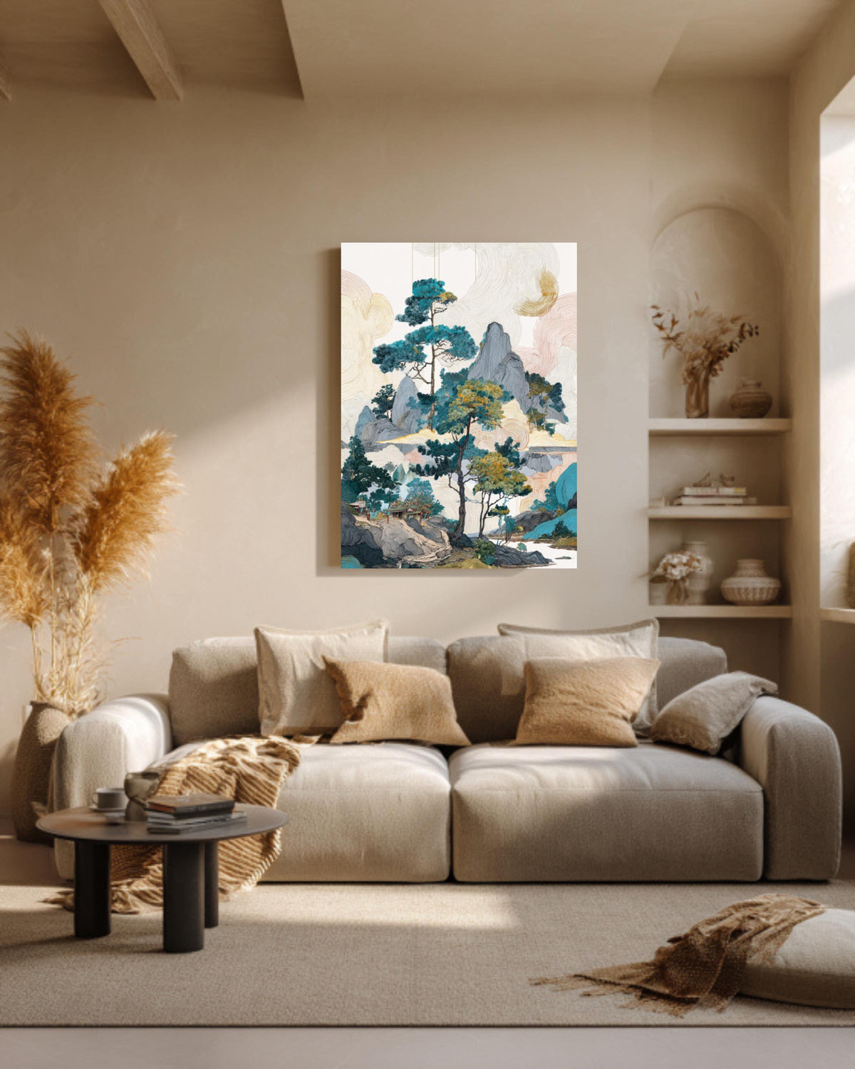 Colorful Chinese Landscape with Pine Trees & Rocks, Ink Wash Art, Fantasy-Inspired Wall Art, Framed Poster or Roll Print
