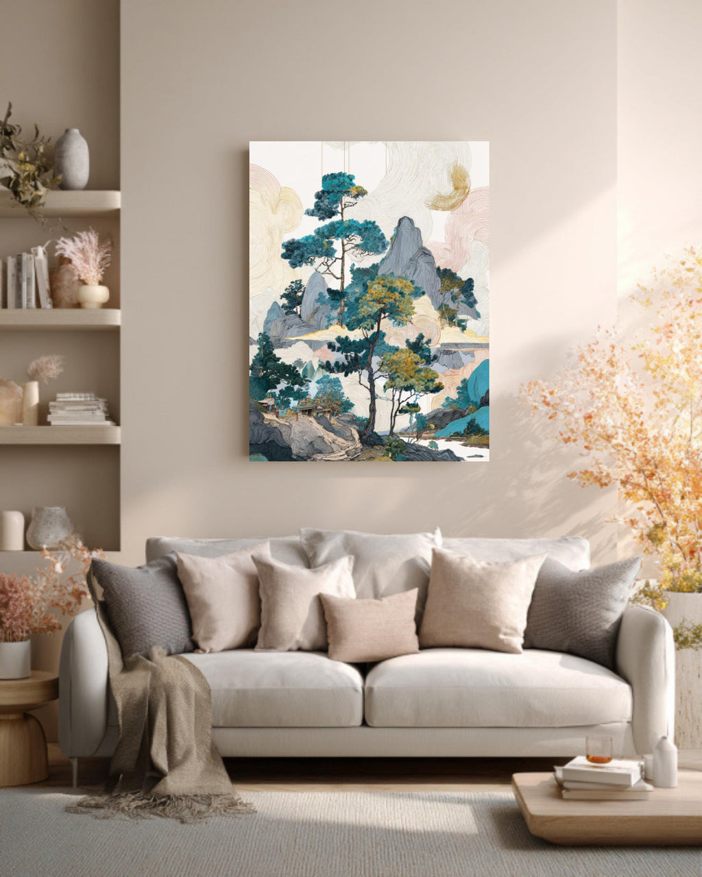 Colorful Chinese Landscape with Pine Trees & Rocks, Ink Wash Art, Fantasy-Inspired Wall Art, Framed Poster or Roll Print