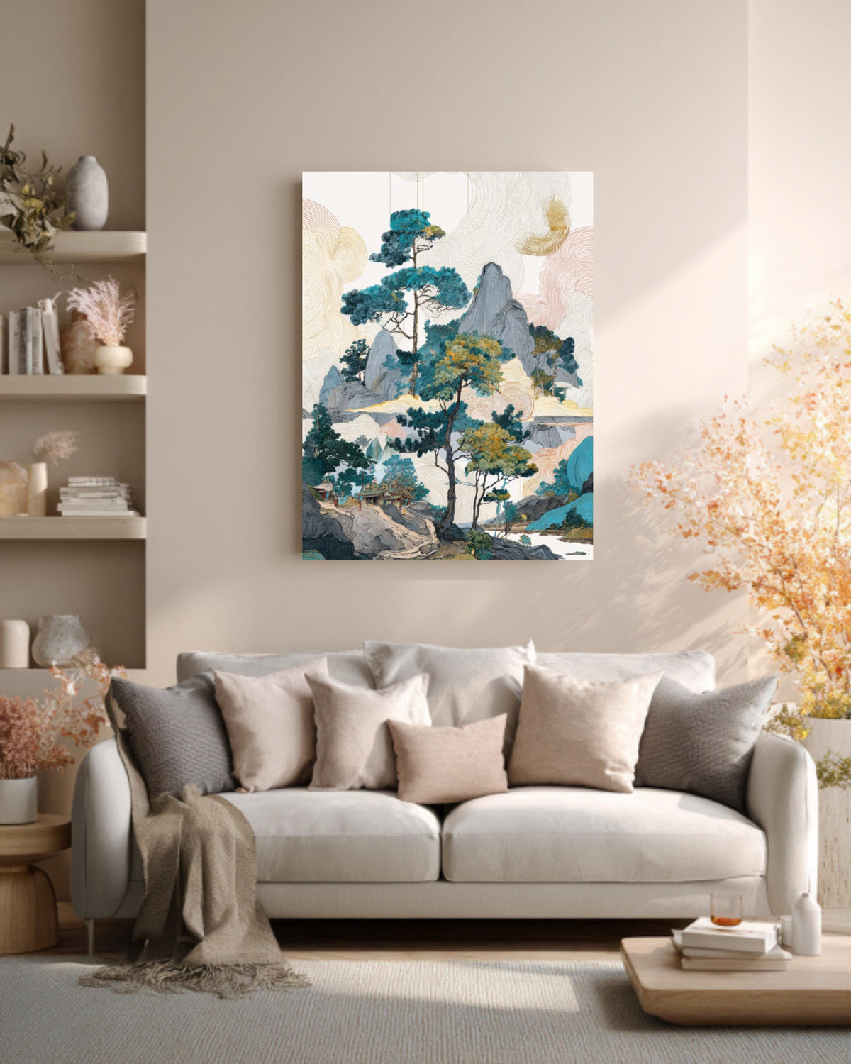 Colorful Chinese Landscape with Pine Trees & Rocks, Ink Wash Art, Fantasy-Inspired Wall Art, Framed Poster or Roll Print