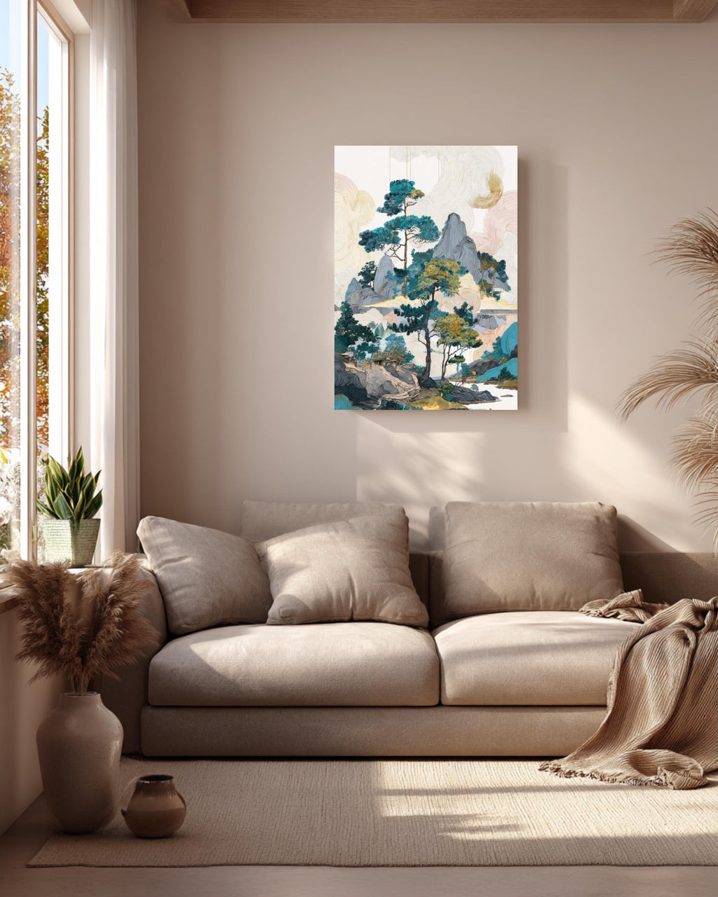 Colorful Chinese Landscape with Pine Trees & Rocks, Ink Wash Art, Fantasy-Inspired Wall Art, Framed Poster or Roll Print