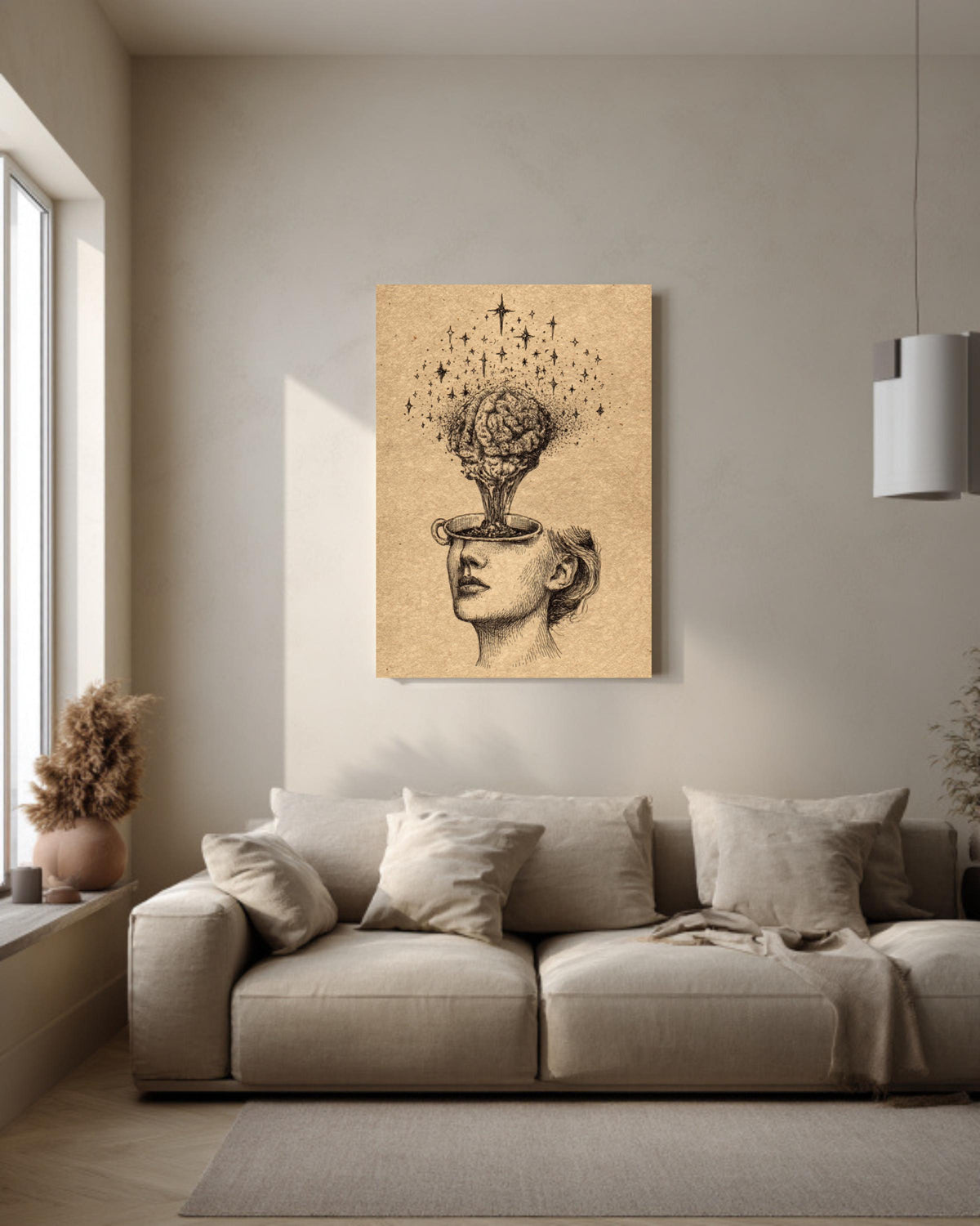 Stars Pouring from Head into Brain Cup, Vintage Ink Illustration, Hand-Drawn Wall Art, Framed Poster or Roll Print