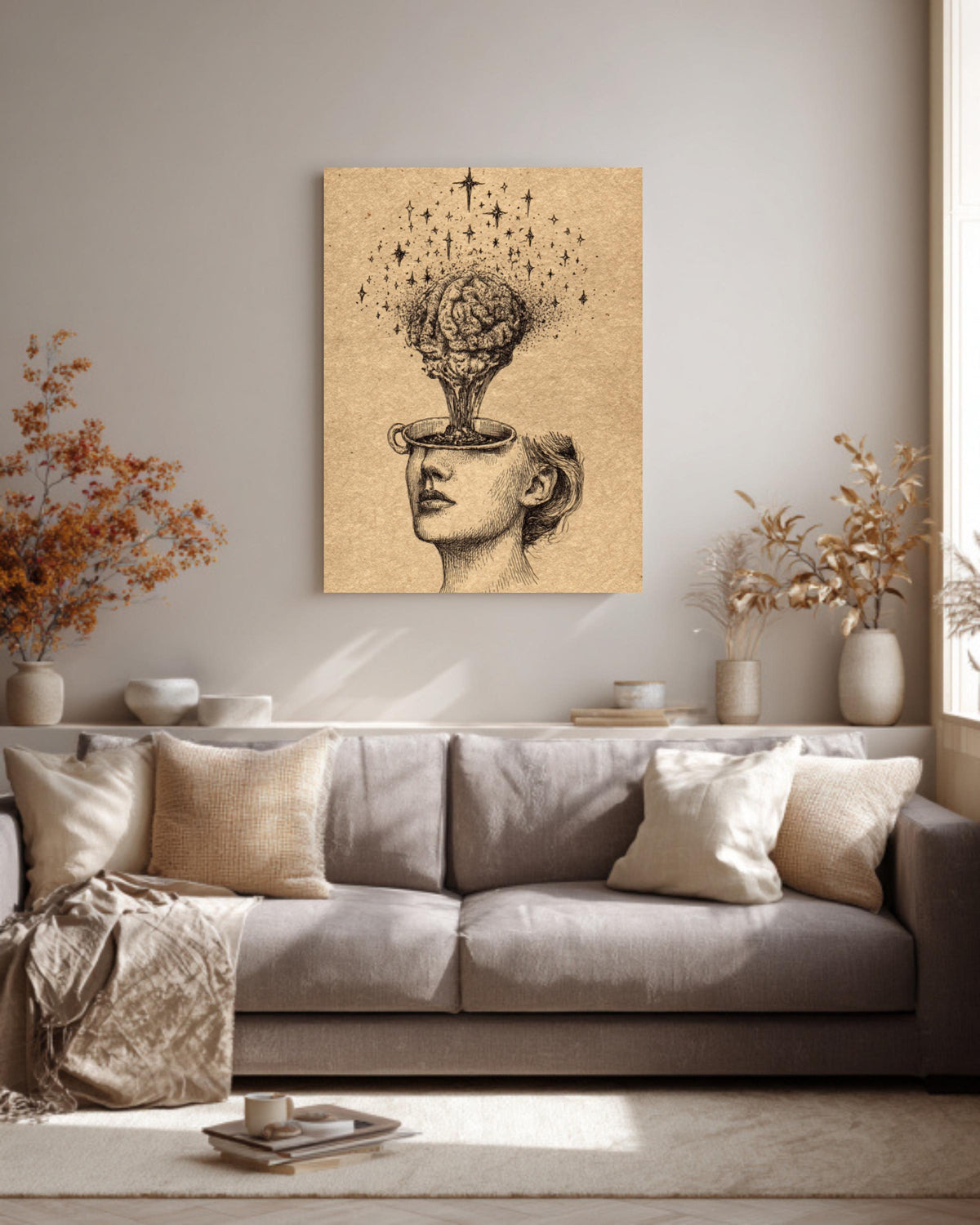 Stars Pouring from Head into Brain Cup, Vintage Ink Illustration, Hand-Drawn Wall Art, Framed Poster or Roll Print