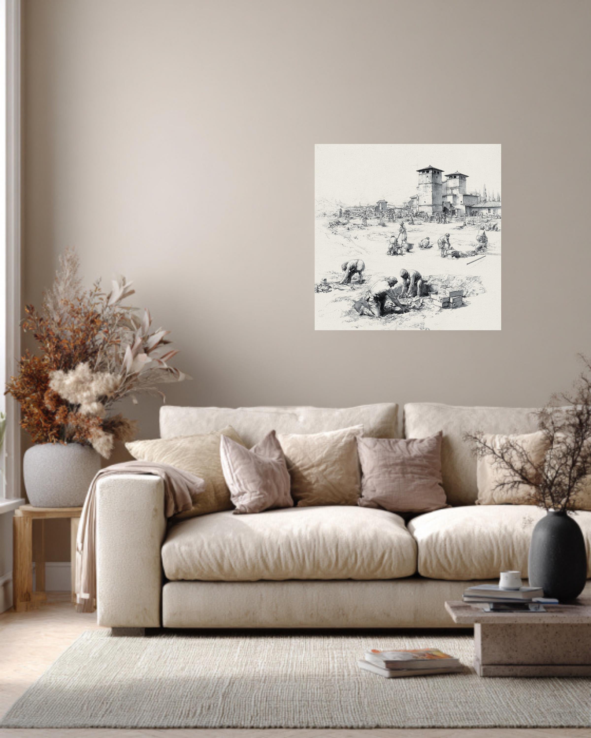 Ancient Roman Workers Sketch, Pencil Drawing of Labor and Architecture, Historical Wall Art, Framed Poster or Roll Print