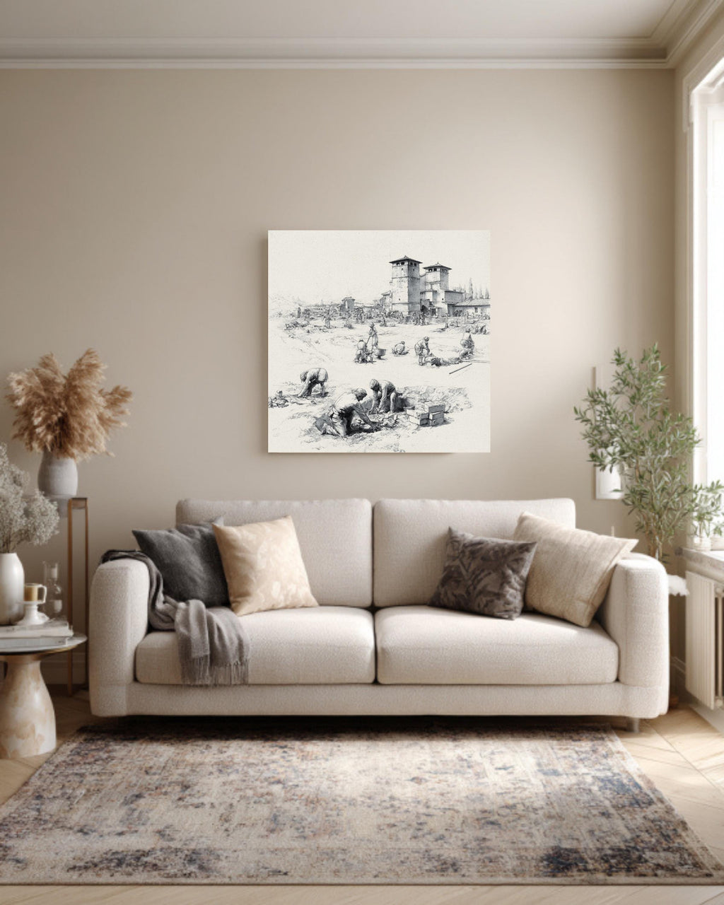 Ancient Roman Workers Sketch, Pencil Drawing of Labor and Architecture, Historical Wall Art, Framed Poster or Roll Print