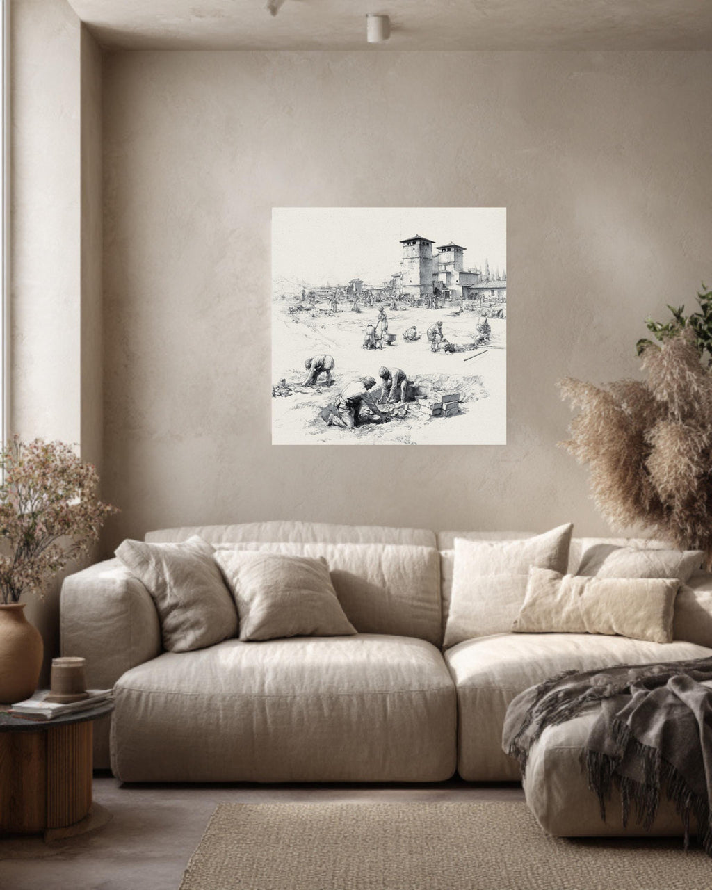 Ancient Roman Workers Sketch, Pencil Drawing of Labor and Architecture, Historical Wall Art, Framed Poster or Roll Print