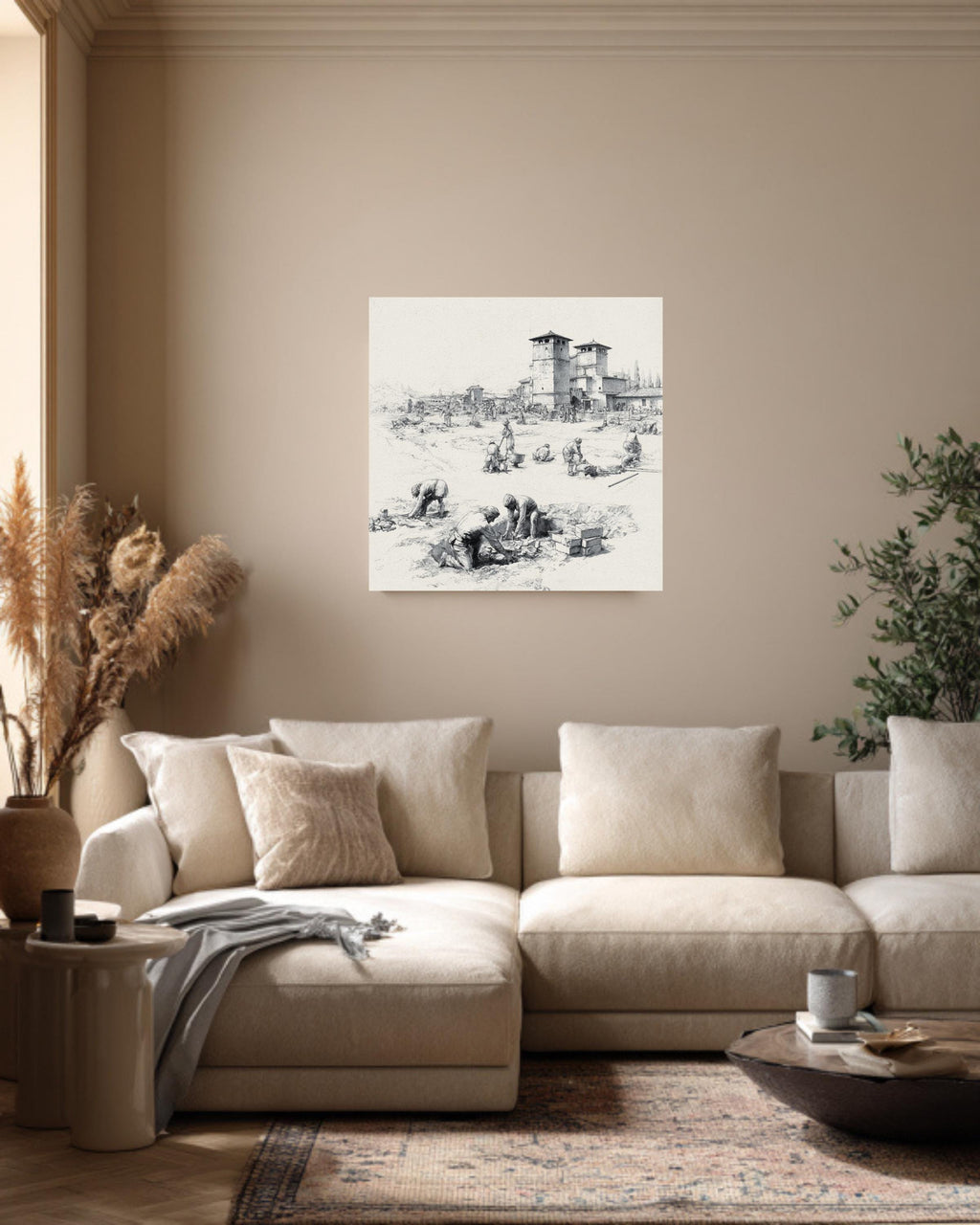 Ancient Roman Workers Sketch, Pencil Drawing of Labor and Architecture, Historical Wall Art, Framed Poster or Roll Print
