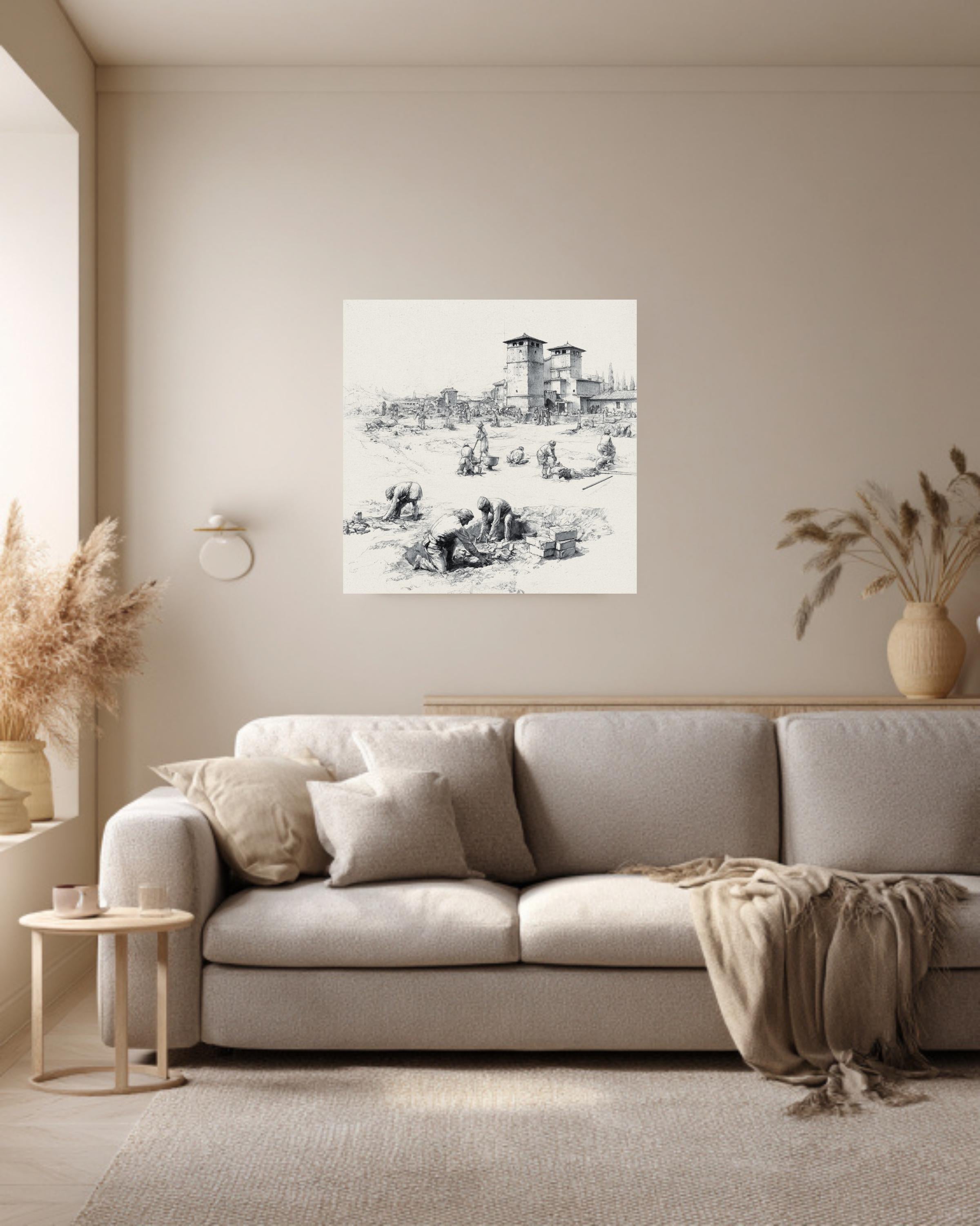 Ancient Roman Workers Sketch, Pencil Drawing of Labor and Architecture, Historical Wall Art, Framed Poster or Roll Print