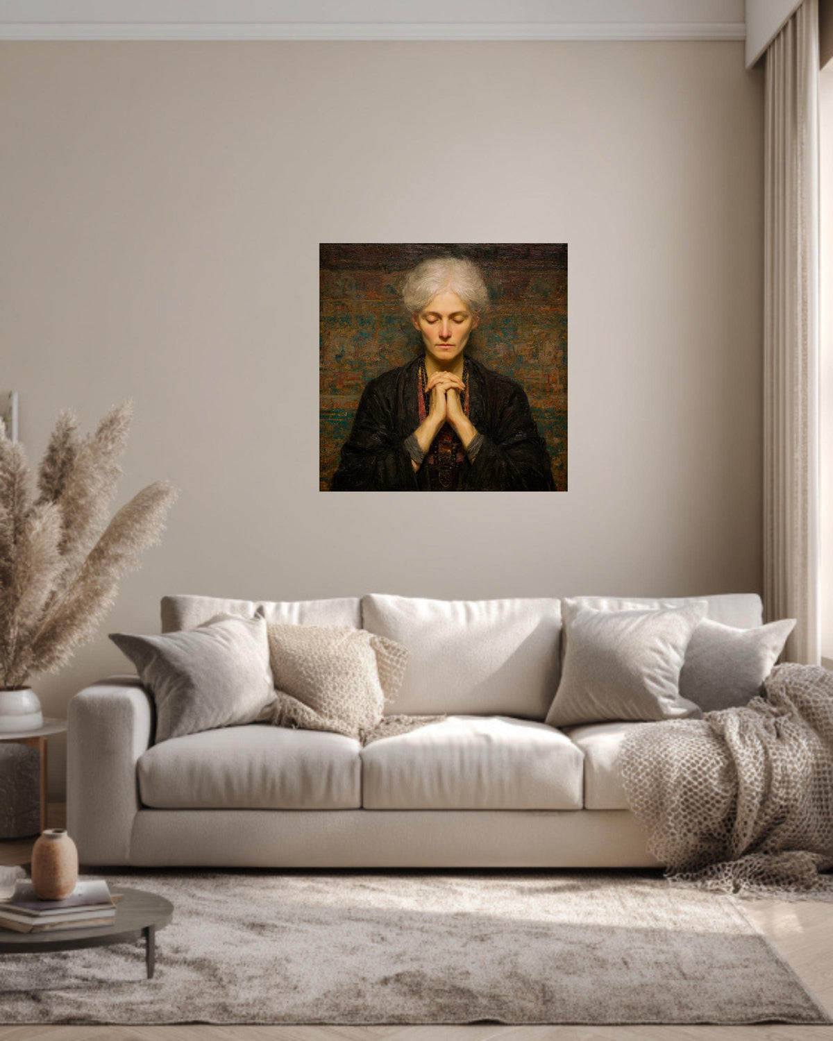 Meditating Woman in Tibetan Dress, Oil Painting with Beads and Folded Hands, Spiritual Wall Art, Framed Poster or Roll Print
