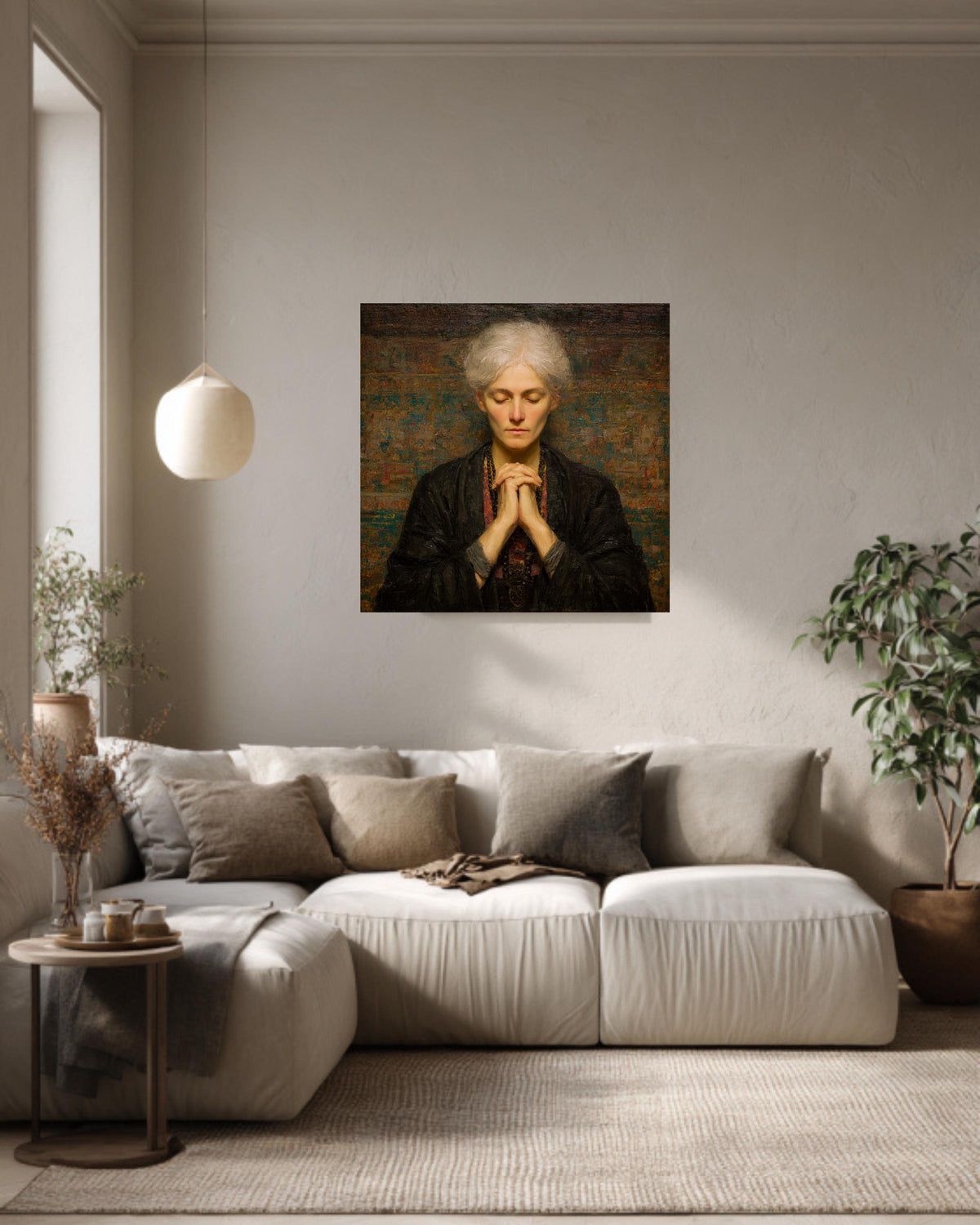 Meditating Woman in Tibetan Dress, Oil Painting with Beads and Folded Hands, Spiritual Wall Art, Framed Poster or Roll Print