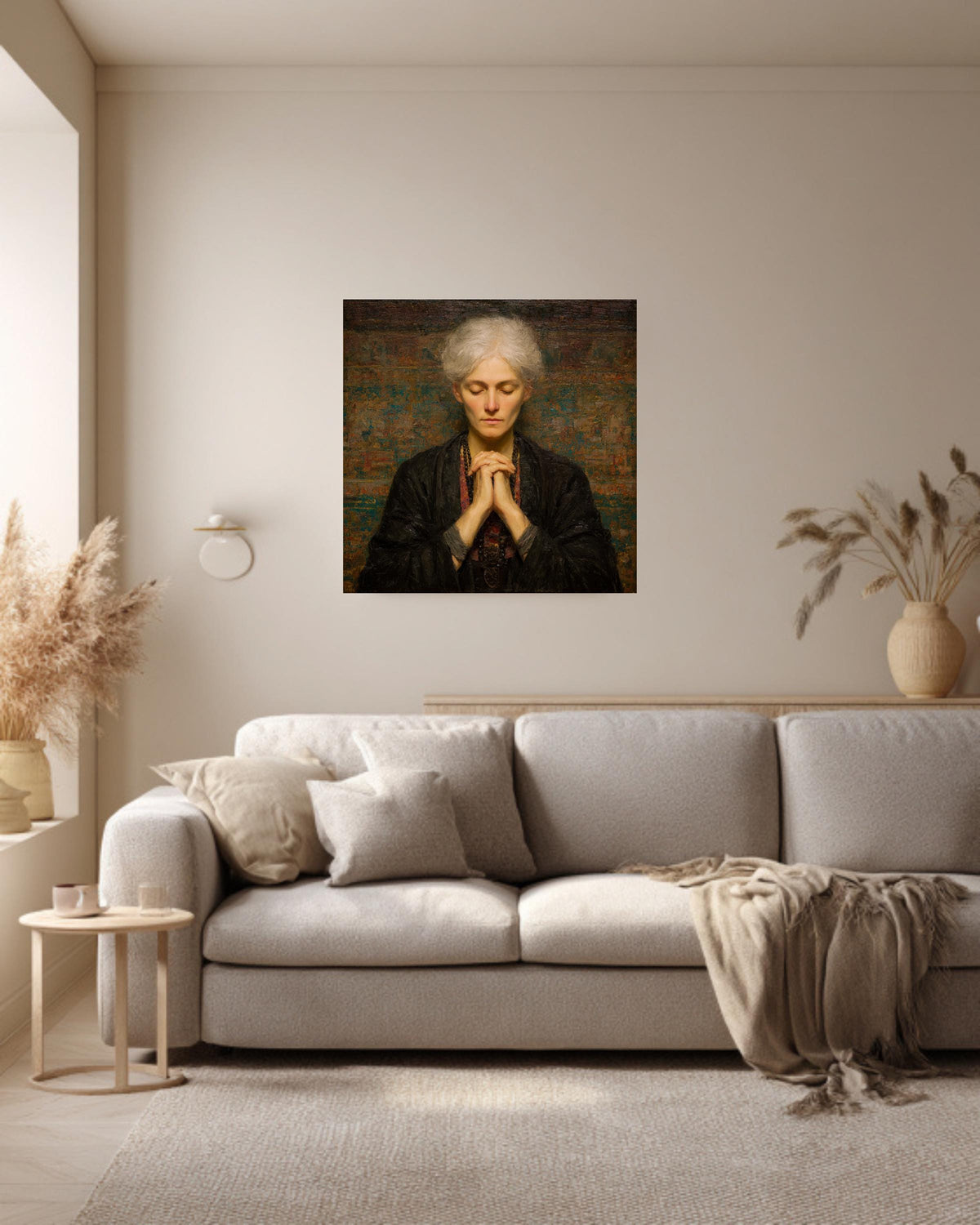 Meditating Woman in Tibetan Dress, Oil Painting with Beads and Folded Hands, Spiritual Wall Art, Framed Poster or Roll Print