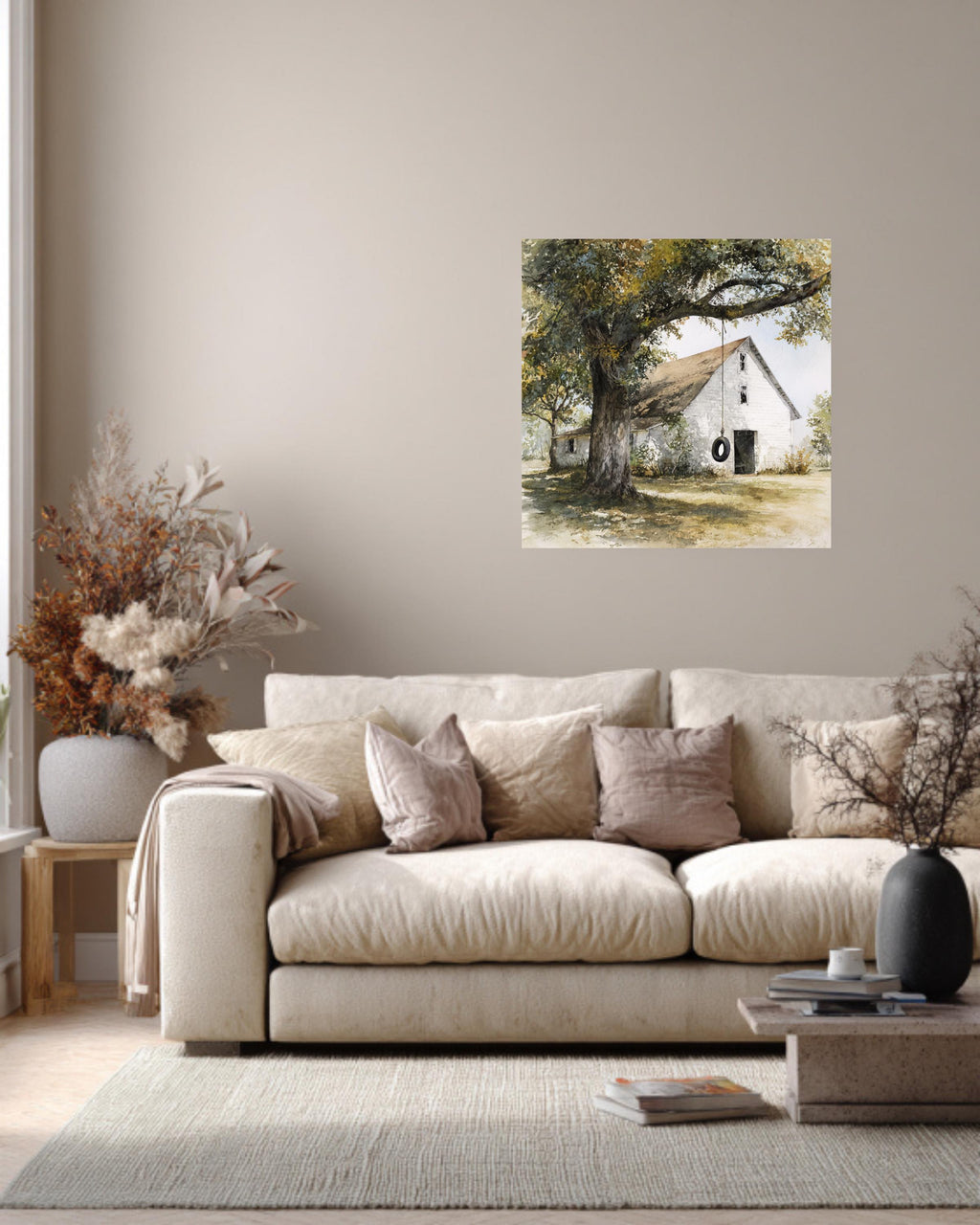 Old White Barn with Oak Tree and Tire Swing, Rustic Watercolor Farm Scene, Neutral Wall Art, Framed Poster or Roll Print