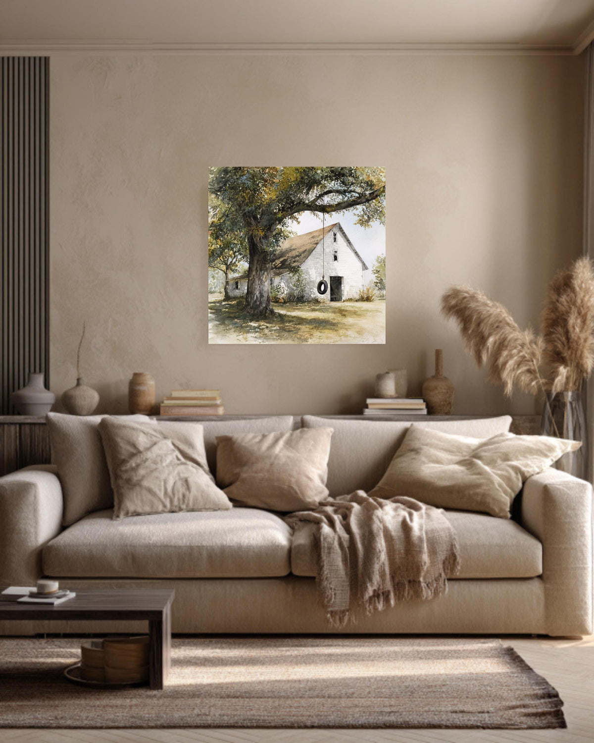Old White Barn with Oak Tree and Tire Swing, Rustic Watercolor Farm Scene, Neutral Wall Art, Framed Poster or Roll Print