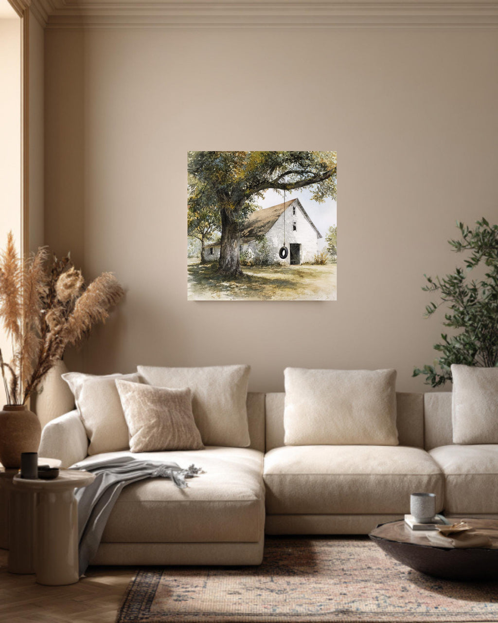 Old White Barn with Oak Tree and Tire Swing, Rustic Watercolor Farm Scene, Neutral Wall Art, Framed Poster or Roll Print