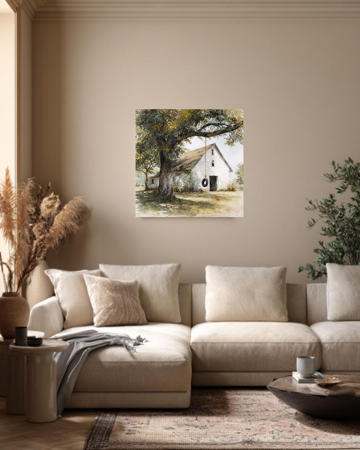 Old White Barn with Oak Tree and Tire Swing, Rustic Watercolor Farm Scene, Neutral Wall Art, Framed Poster or Roll Print