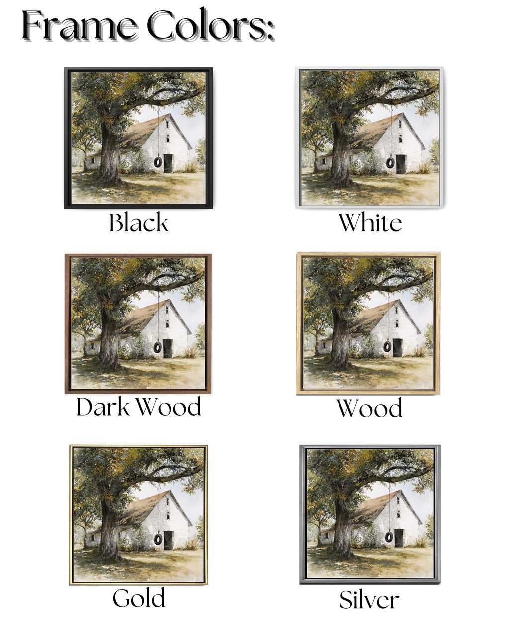 Old White Barn with Oak Tree and Tire Swing, Rustic Watercolor Farm Scene, Neutral Wall Art, Framed Poster or Roll Print