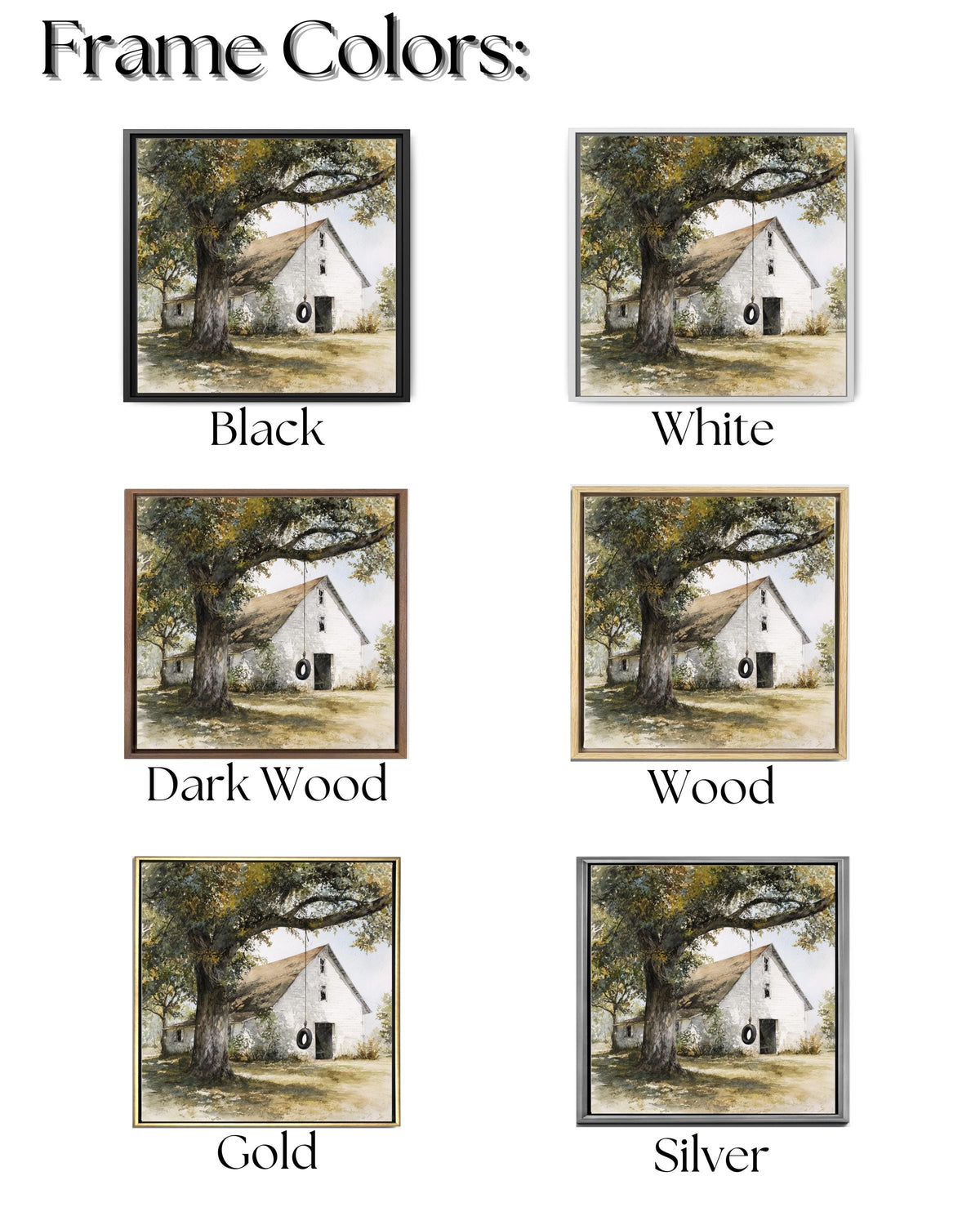 Old White Barn with Oak Tree and Tire Swing, Rustic Watercolor Farm Scene, Neutral Wall Art, Framed Poster or Roll Print