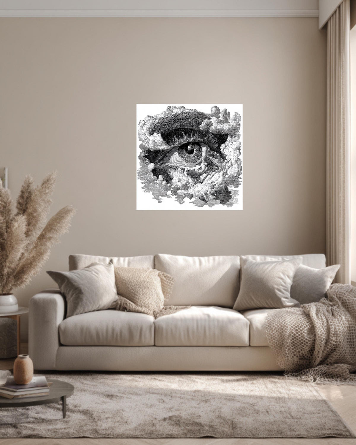 Eye in Clouds Print, Vintage Woodcut Engraving Style, Framed Poster
