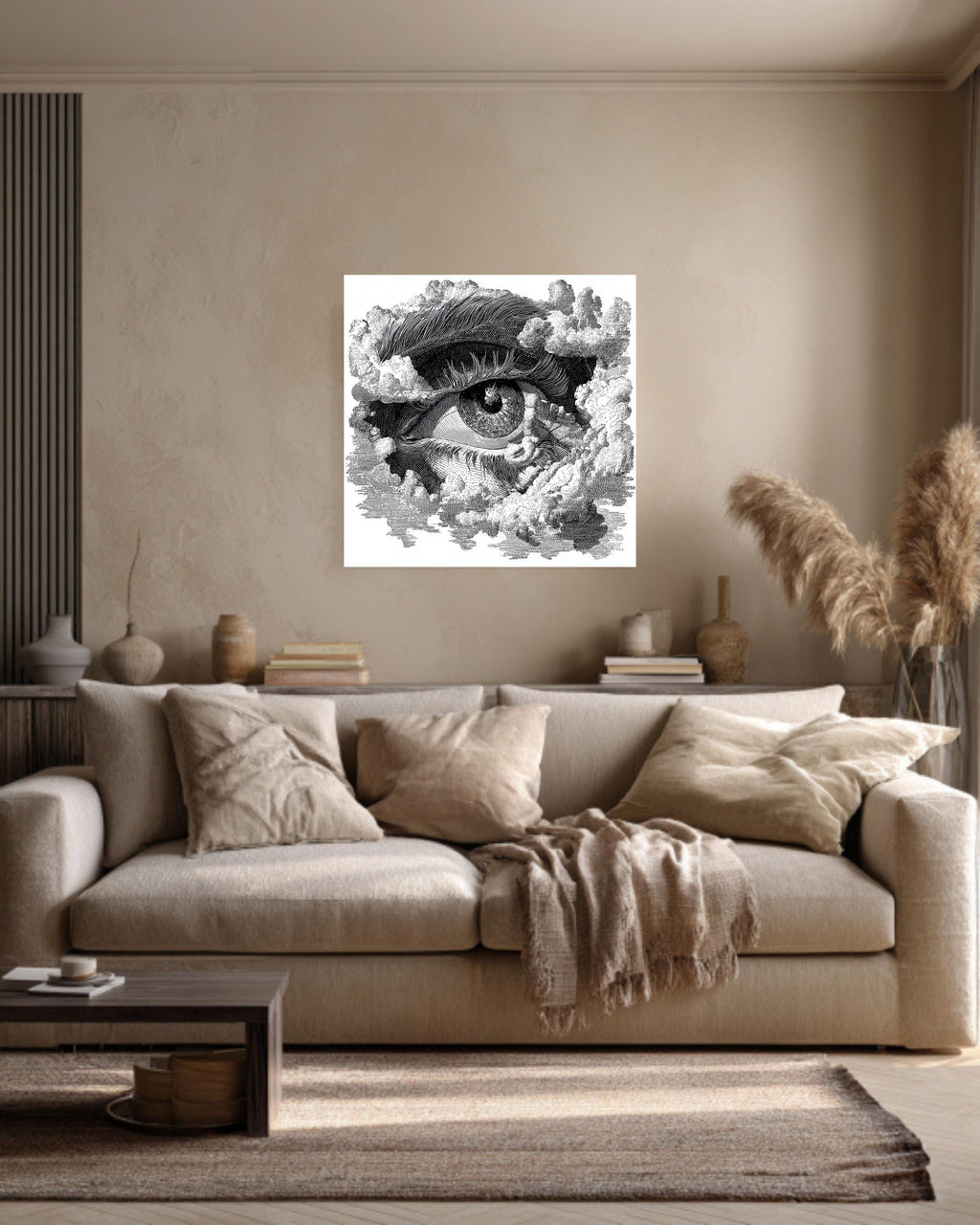Eye in Clouds Print, Vintage Woodcut Engraving Style, Framed Poster