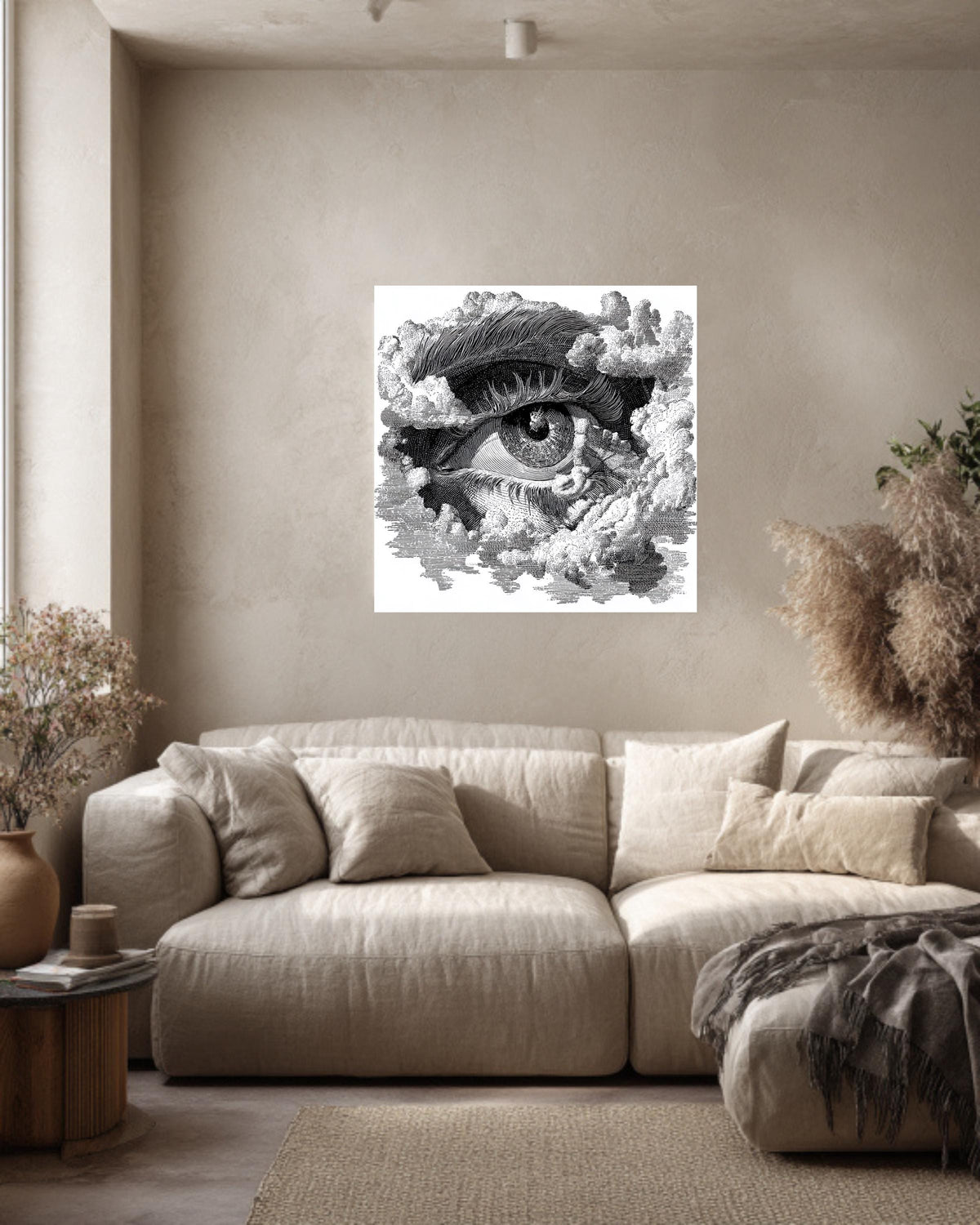 Eye in Clouds Print, Vintage Woodcut Engraving Style, Framed Poster