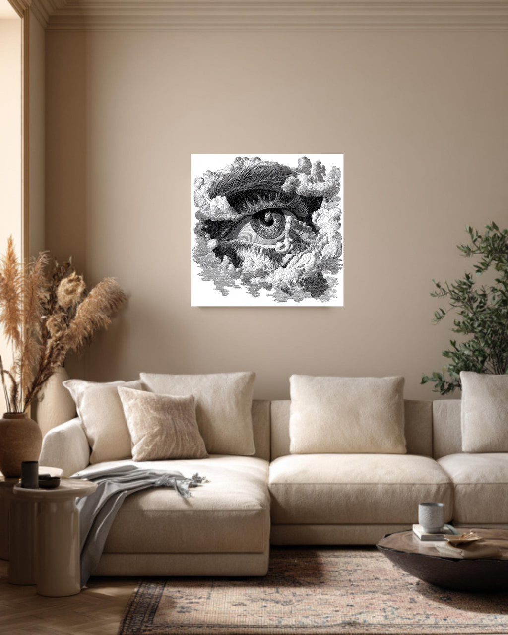 Eye in Clouds Print, Vintage Woodcut Engraving Style, Framed Poster