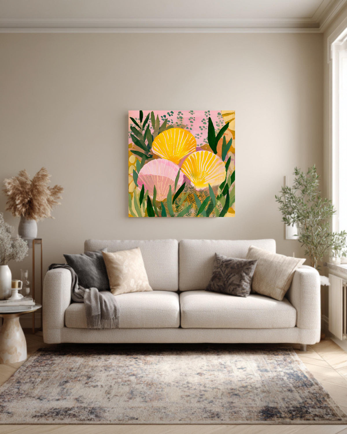 Yellow and Pink Seashell Painting with Green Plant Pattern, Bold Color Wall Art, Flat Style Illustration, Framed Poster
