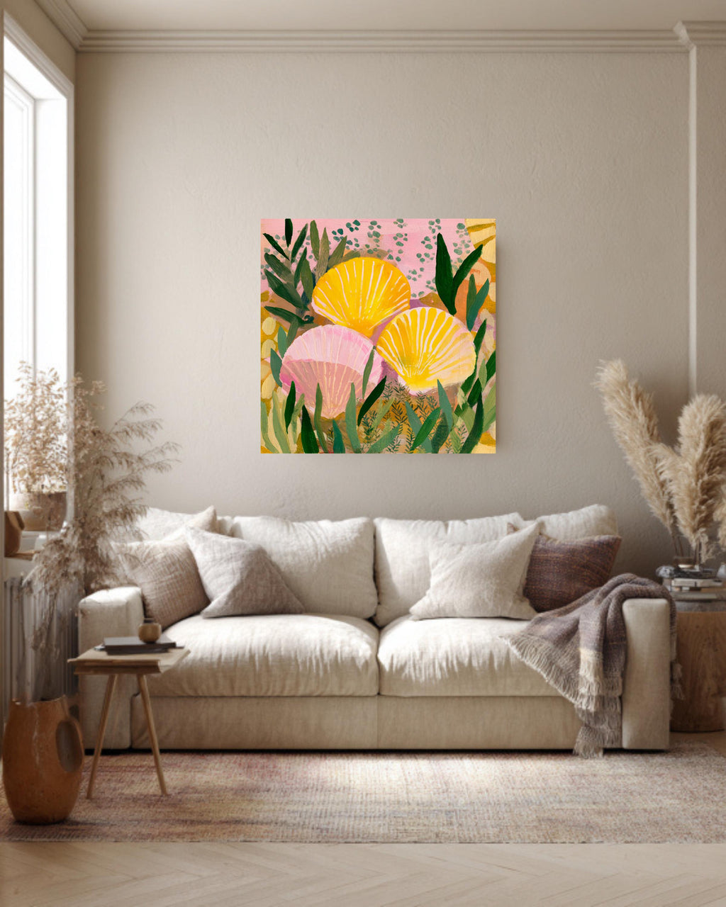 Yellow and Pink Seashell Painting with Green Plant Pattern, Bold Color Wall Art, Flat Style Illustration, Framed Poster
