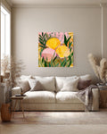 Yellow and Pink Seashell Painting with Green Plant Pattern, Bold Color Wall Art, Flat Style Illustration, Framed Poster