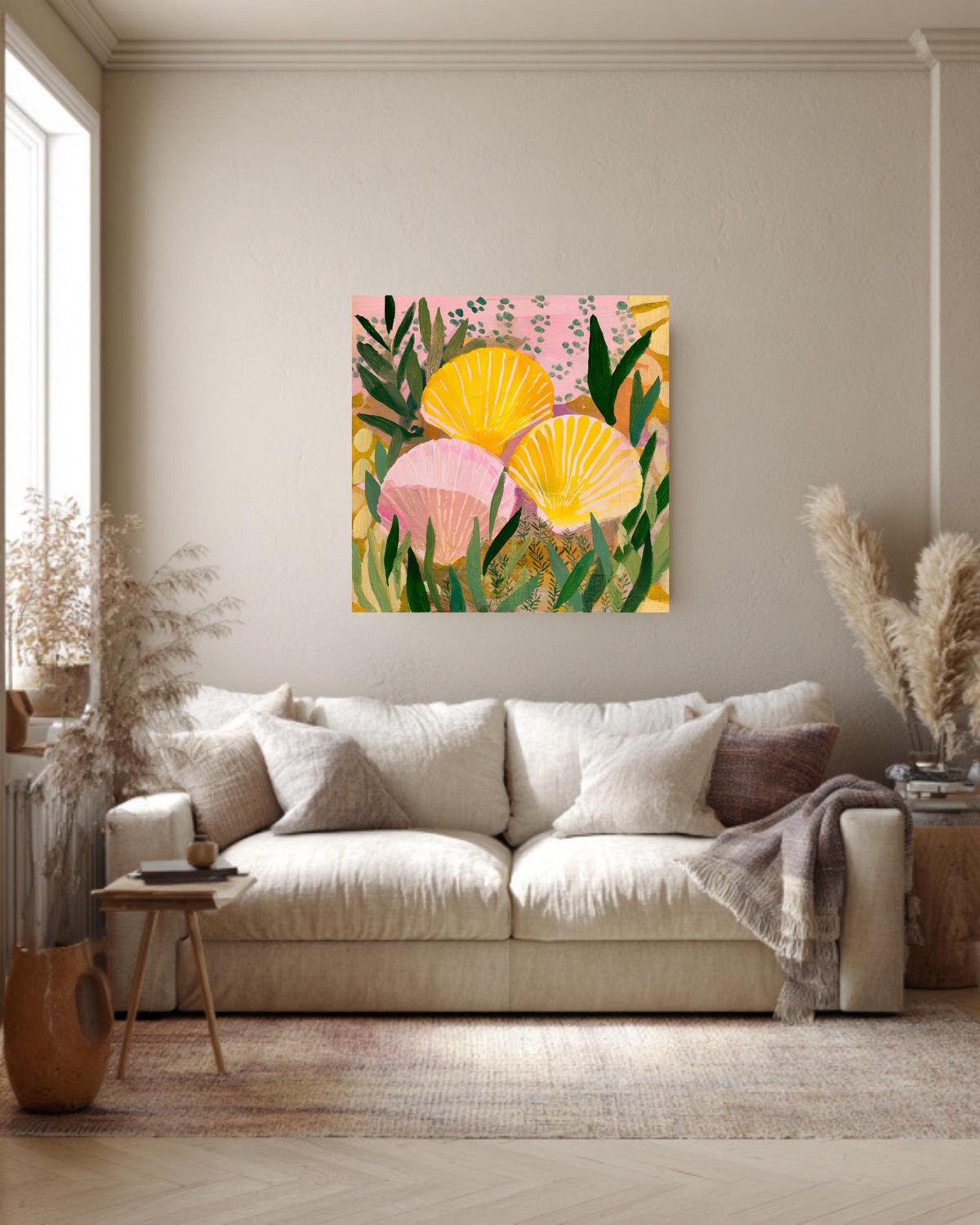 Yellow and Pink Seashell Painting with Green Plant Pattern, Bold Color Wall Art, Flat Style Illustration, Framed Poster
